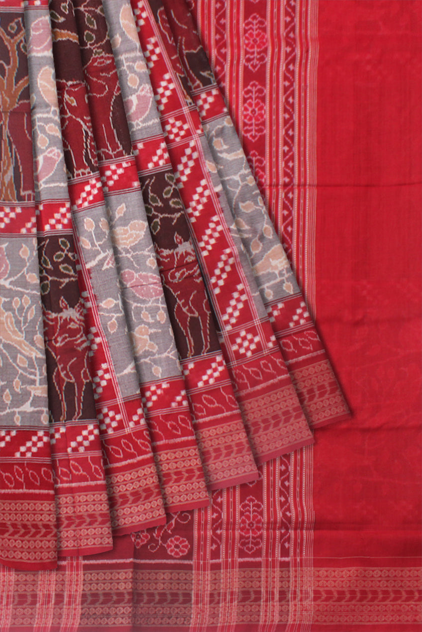TRADITIONAL FOREST ANIMAL PATTERN SILVER, COFFEE AND RED COLOR PURE COTTON SAREE,WITH MATCHING BLOUSE PIECE. - Koshali Arts & Crafts Enterprise