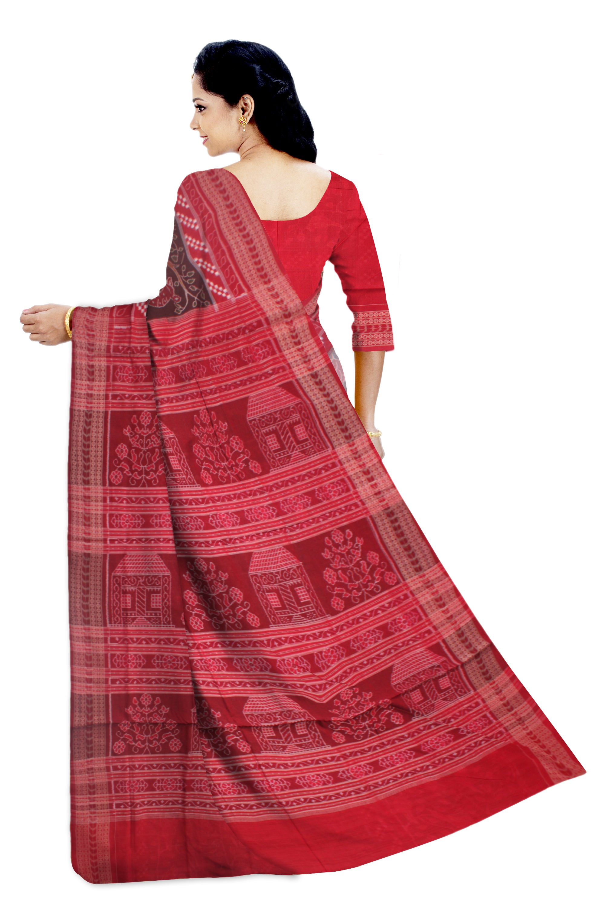 TRADITIONAL FOREST ANIMAL PATTERN SILVER, COFFEE AND RED COLOR PURE COTTON SAREE,WITH MATCHING BLOUSE PIECE. - Koshali Arts & Crafts Enterprise