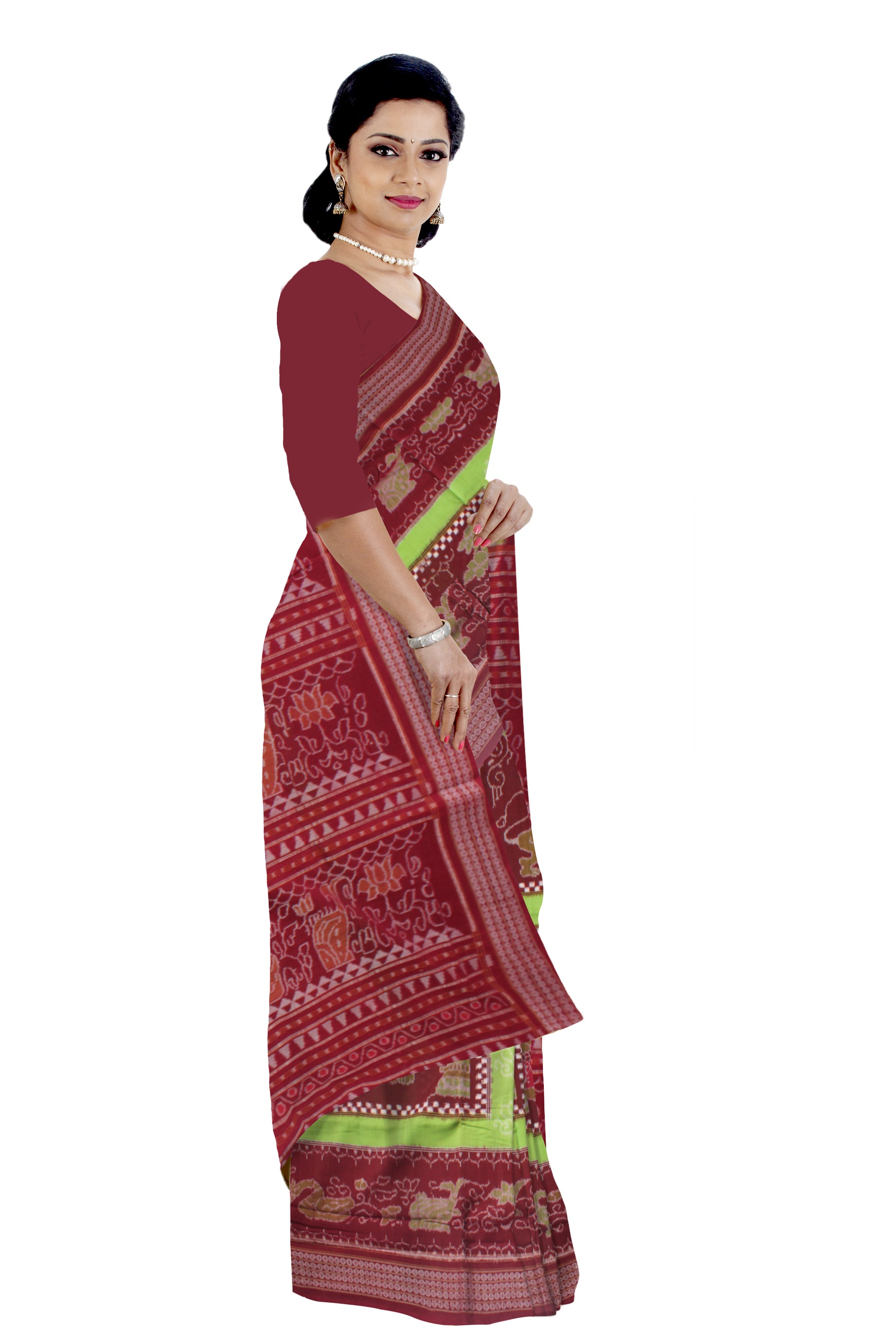 LIGHT GREEN AND MAROON COLOR BOX PATTERN PURE COTTON SAREE IS DESIGN LIKE- NARTAKI,LION AND BIRD PATTERN,WITHOUT BLOUSE PIECE. - Koshali Arts & Crafts Enterprise