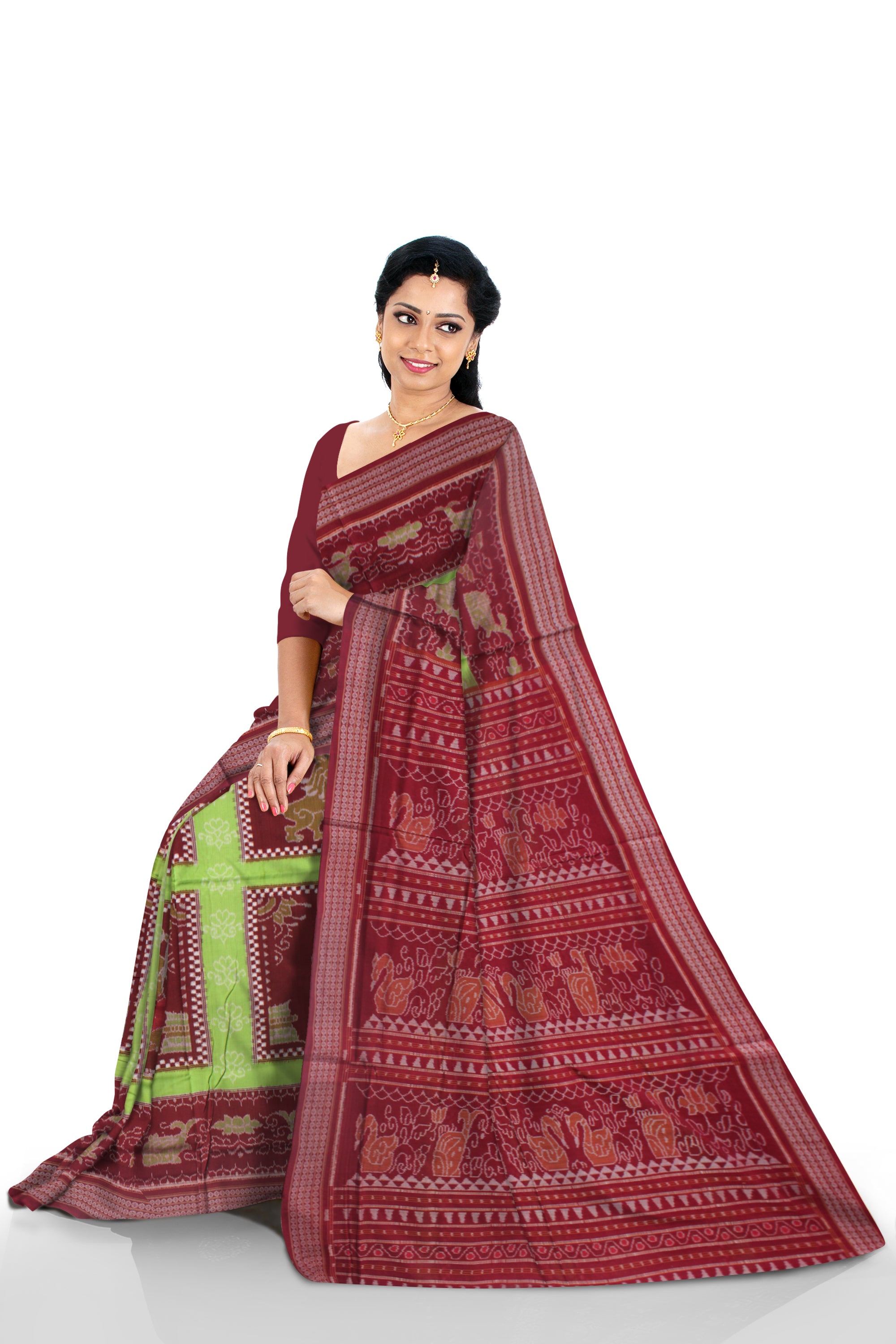 LIGHT GREEN AND MAROON COLOR BOX PATTERN PURE COTTON SAREE IS DESIGN LIKE- NARTAKI,LION AND BIRD PATTERN,WITHOUT BLOUSE PIECE. - Koshali Arts & Crafts Enterprise