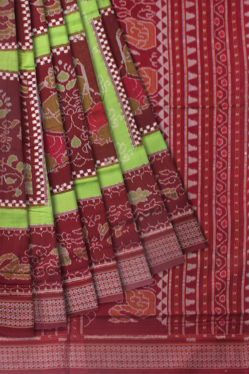 LIGHT GREEN AND MAROON COLOR BOX PATTERN PURE COTTON SAREE IS DESIGN LIKE- NARTAKI,LION AND BIRD PATTERN,WITHOUT BLOUSE PIECE. - Koshali Arts & Crafts Enterprise