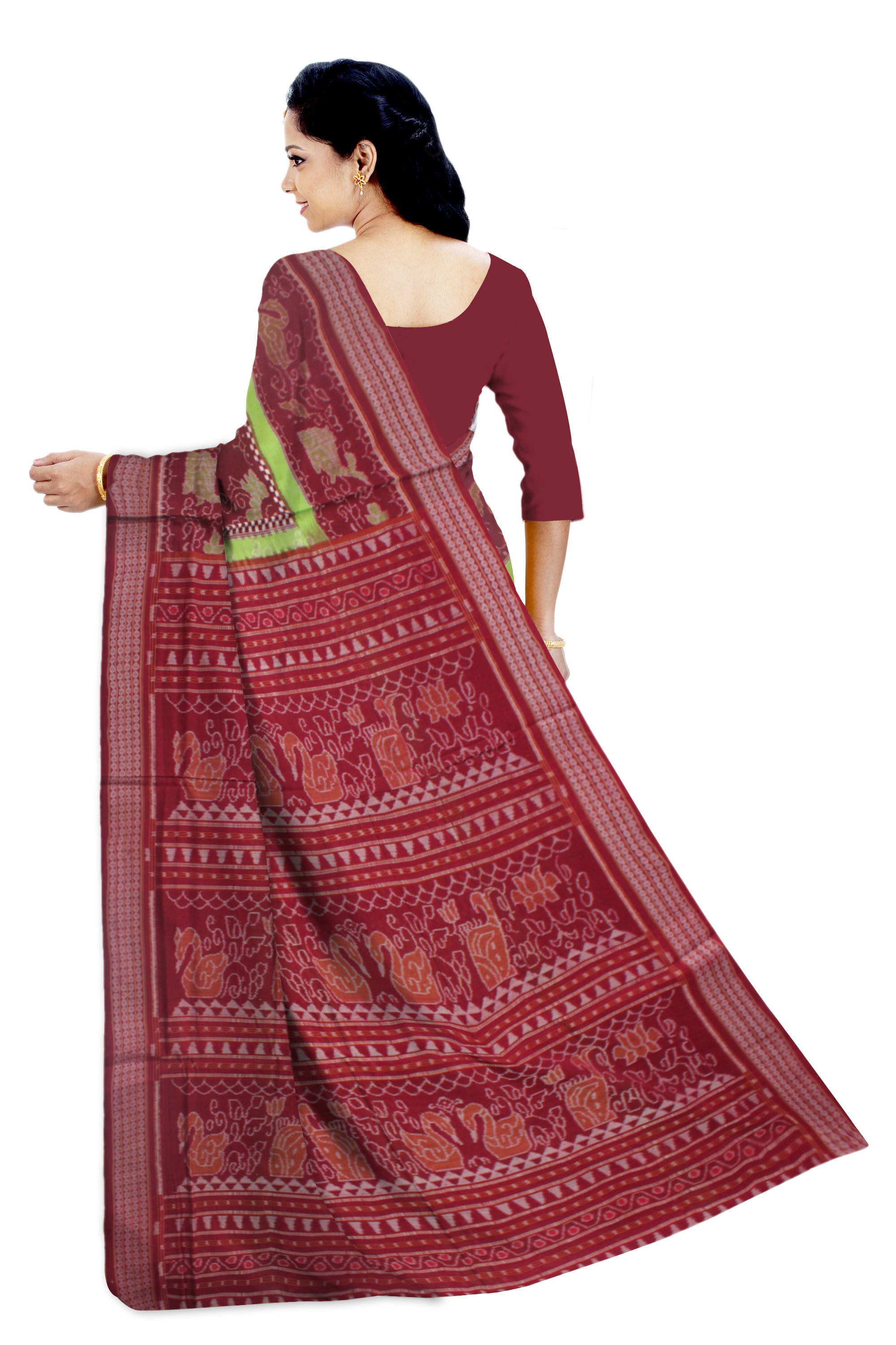 LIGHT GREEN AND MAROON COLOR BOX PATTERN PURE COTTON SAREE IS DESIGN LIKE- NARTAKI,LION AND BIRD PATTERN,WITHOUT BLOUSE PIECE. - Koshali Arts & Crafts Enterprise