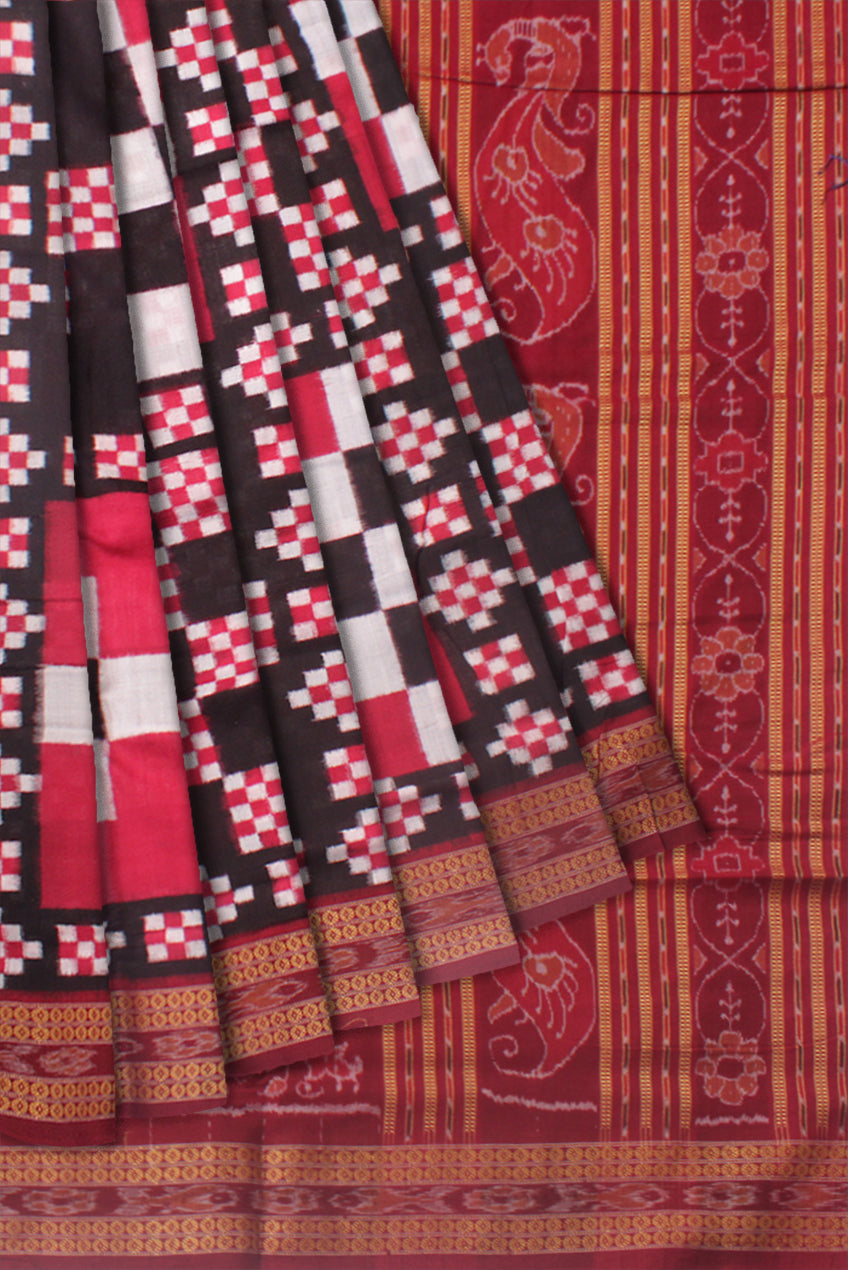 BIG PASAPALI PATTERN PURE COTTON SAREE IS RED AND BLACK COLOR, WITH BLOUSE PIECE. - Koshali Arts & Crafts Enterprise