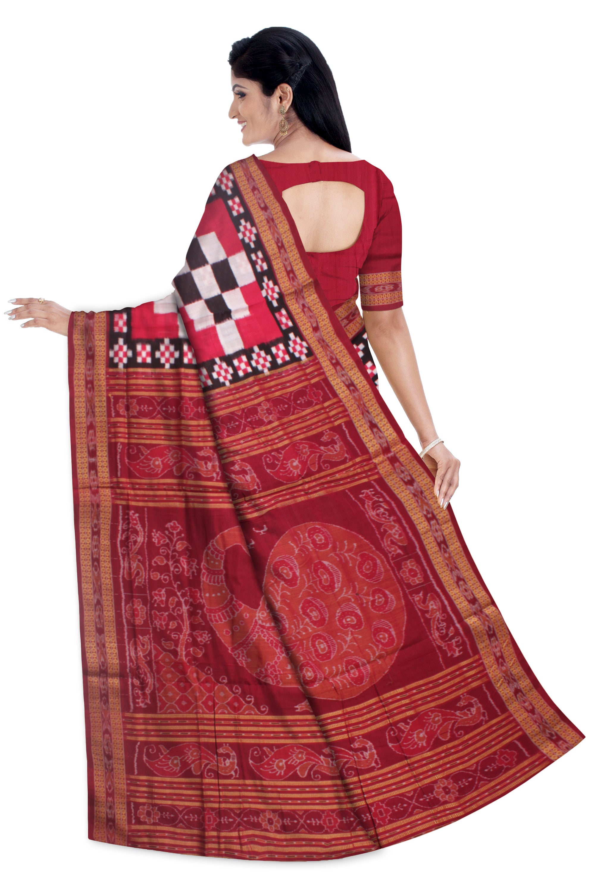 BIG PASAPALI PATTERN PURE COTTON SAREE IS RED AND BLACK COLOR, WITH BLOUSE PIECE. - Koshali Arts & Crafts Enterprise