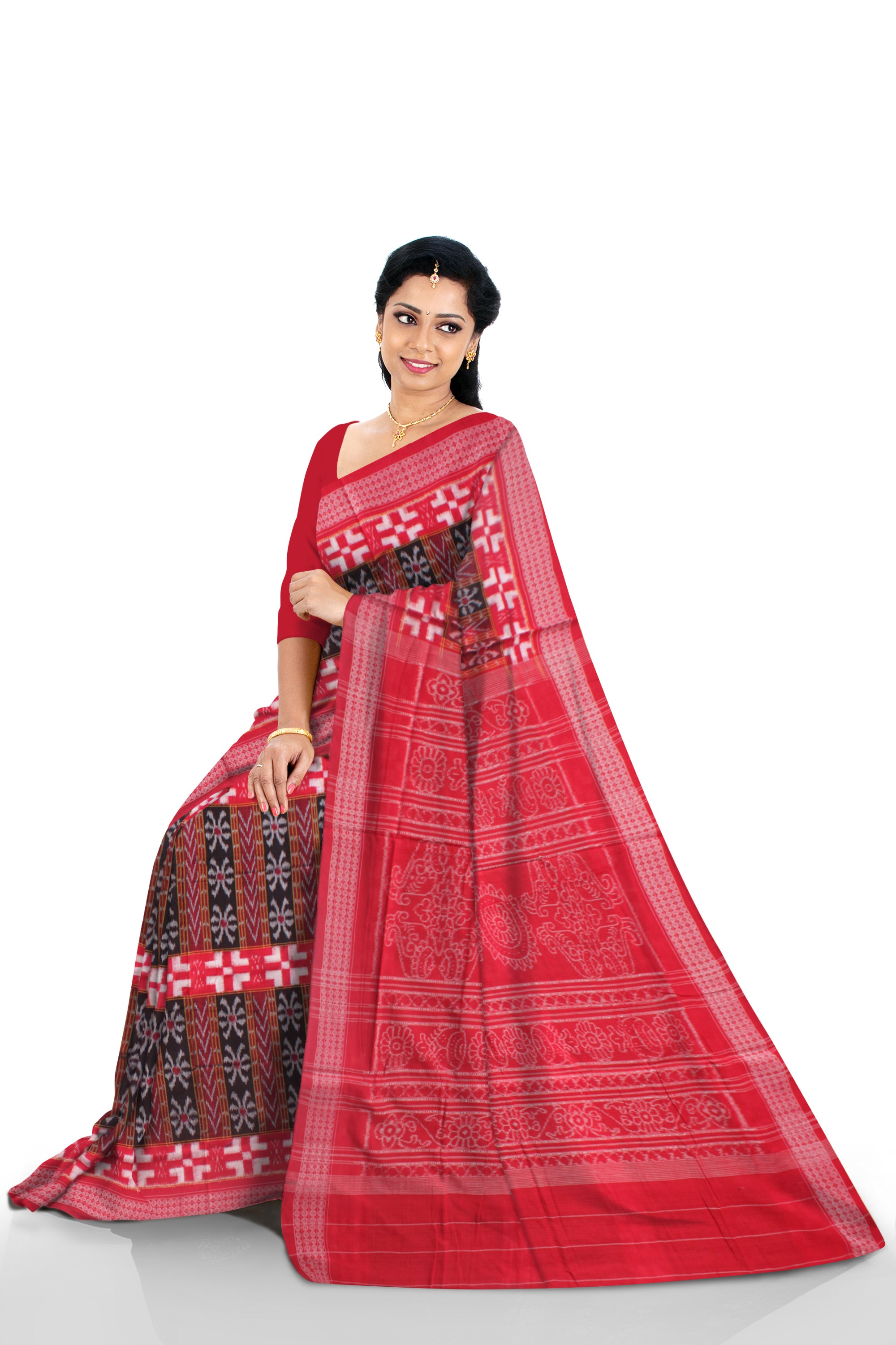 IKAT PATTERN PURE COTTON SAREE IS COFFEE AND RED COLOR BASE,WITH OUT BLOUSE PIECE. - Koshali Arts & Crafts Enterprise