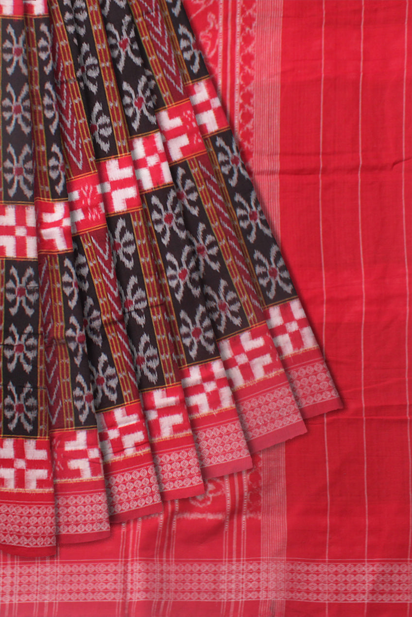 IKAT PATTERN PURE COTTON SAREE IS COFFEE AND RED COLOR BASE,WITH OUT BLOUSE PIECE. - Koshali Arts & Crafts Enterprise