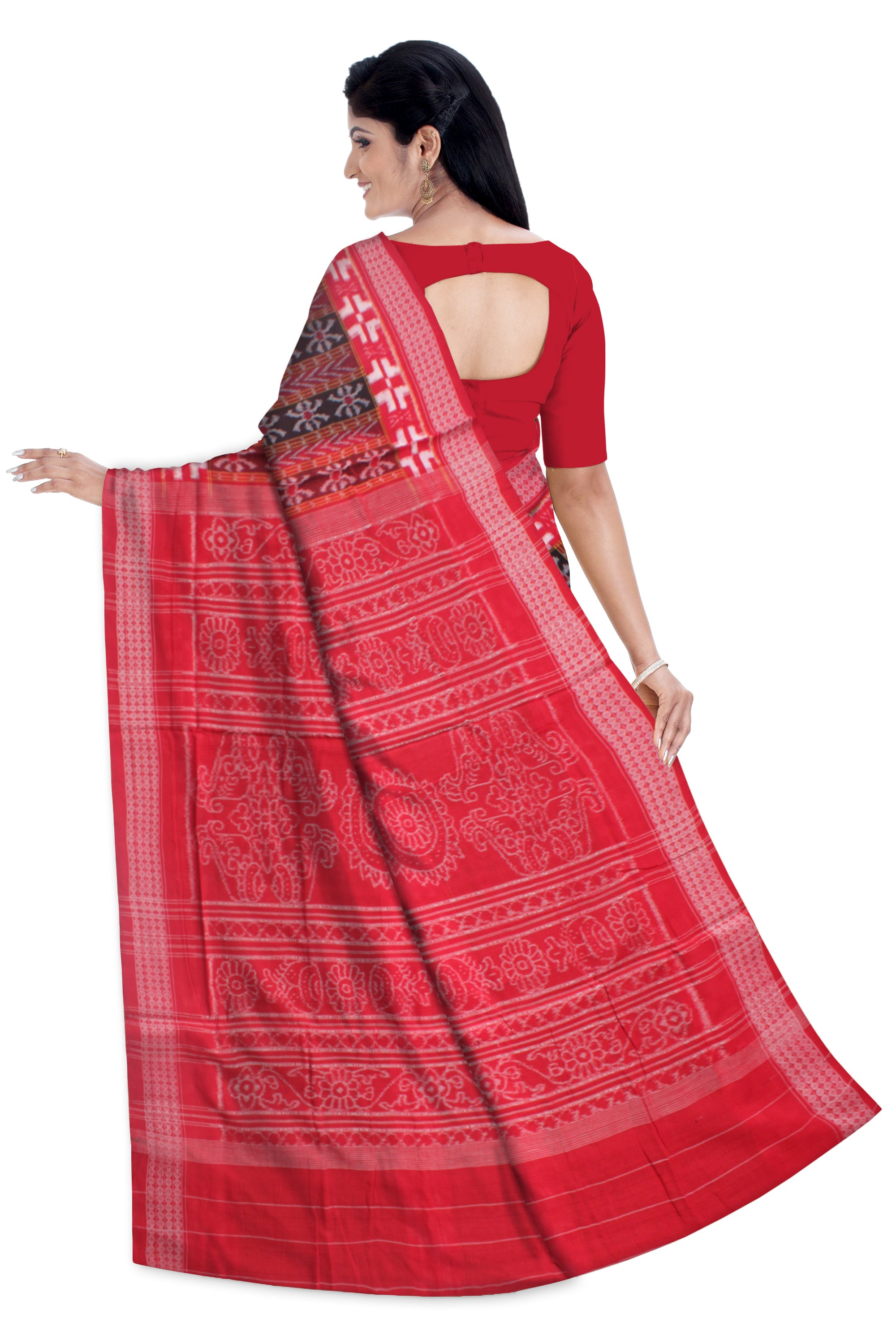 IKAT PATTERN PURE COTTON SAREE IS COFFEE AND RED COLOR BASE,WITH OUT BLOUSE PIECE. - Koshali Arts & Crafts Enterprise