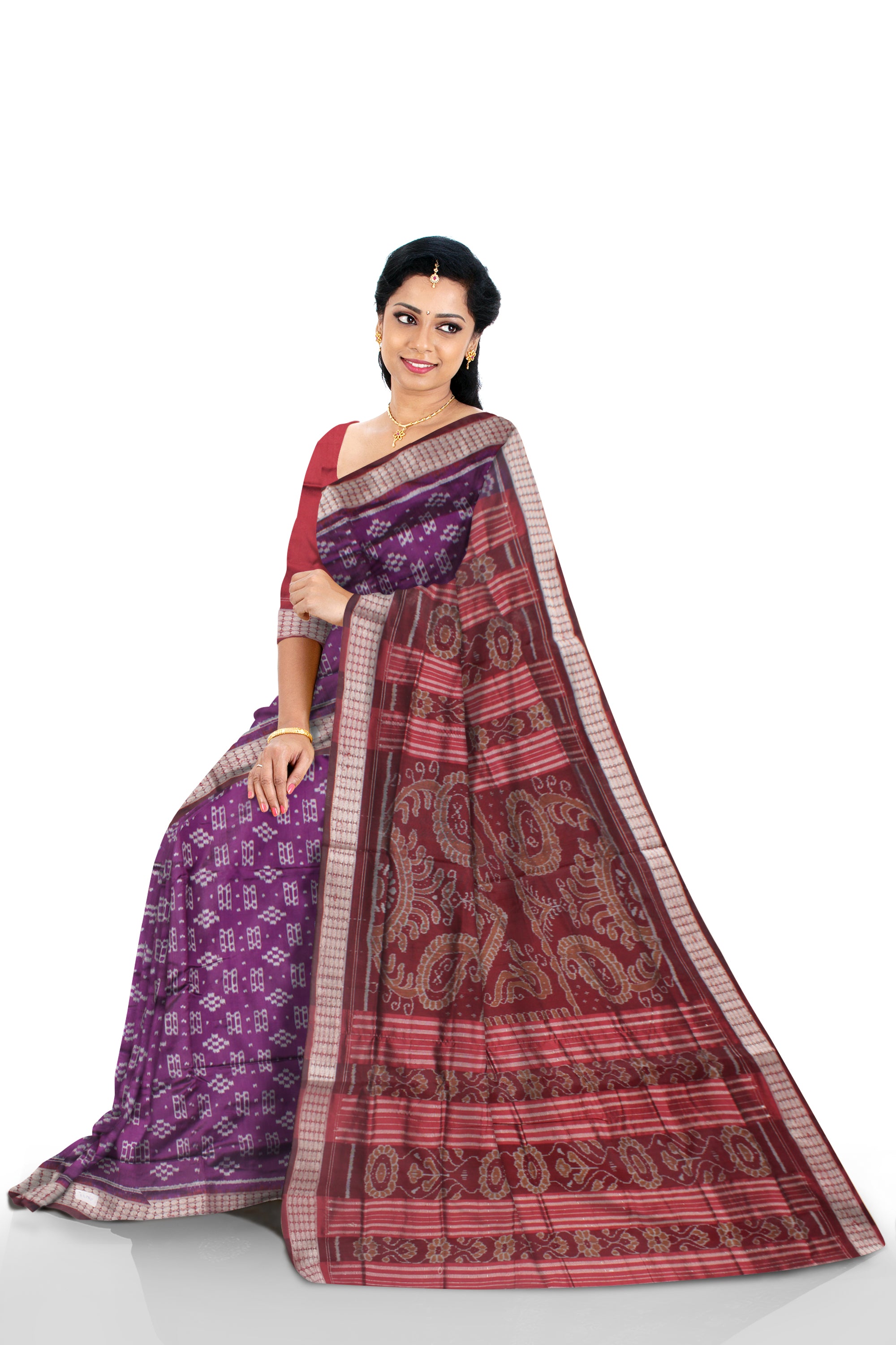 FULL BODY SMALL PASAPALI PATTERN PATA SAREE IS VIOLET AND MAROON COLOR BASE,WITH MATCHING BLOUSE PIECE. - Koshali Arts & Crafts Enterprise