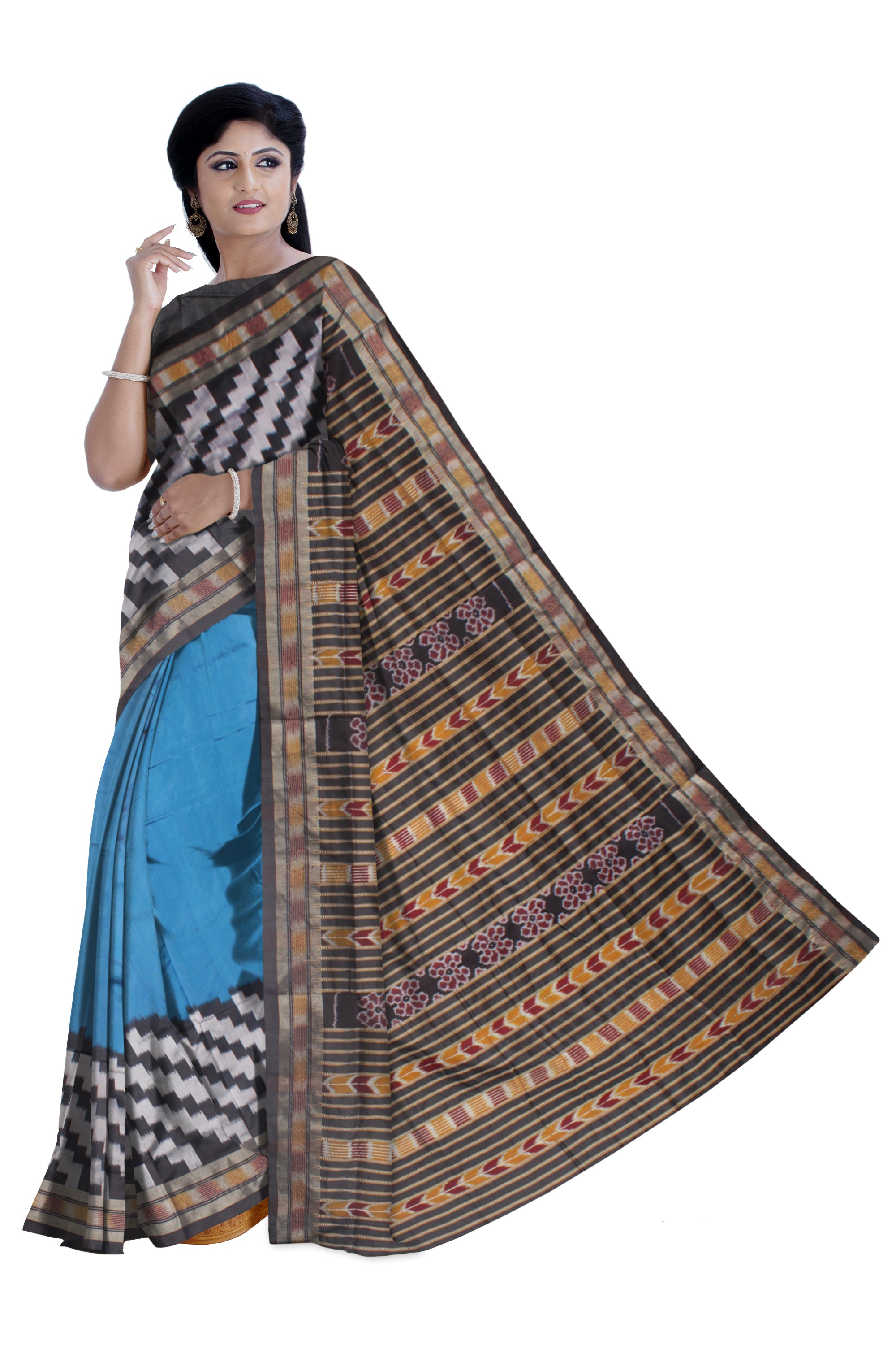 LATEST COLLECTION SKY AND BLACK COLOR PATA SAREE, WITH MATCHING BLOUSE PIECE. - Koshali Arts & Crafts Enterprise