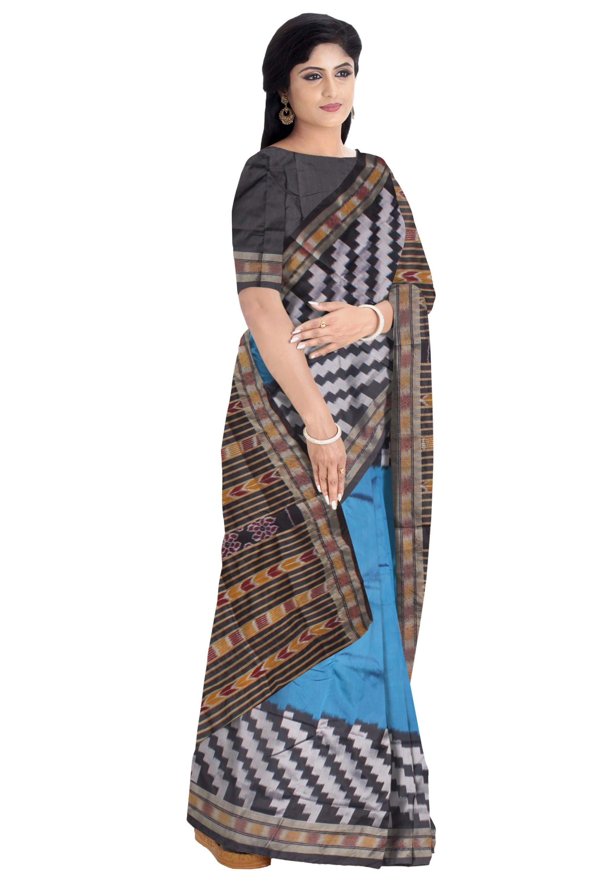 LATEST COLLECTION SKY AND BLACK COLOR PATA SAREE, WITH MATCHING BLOUSE PIECE. - Koshali Arts & Crafts Enterprise