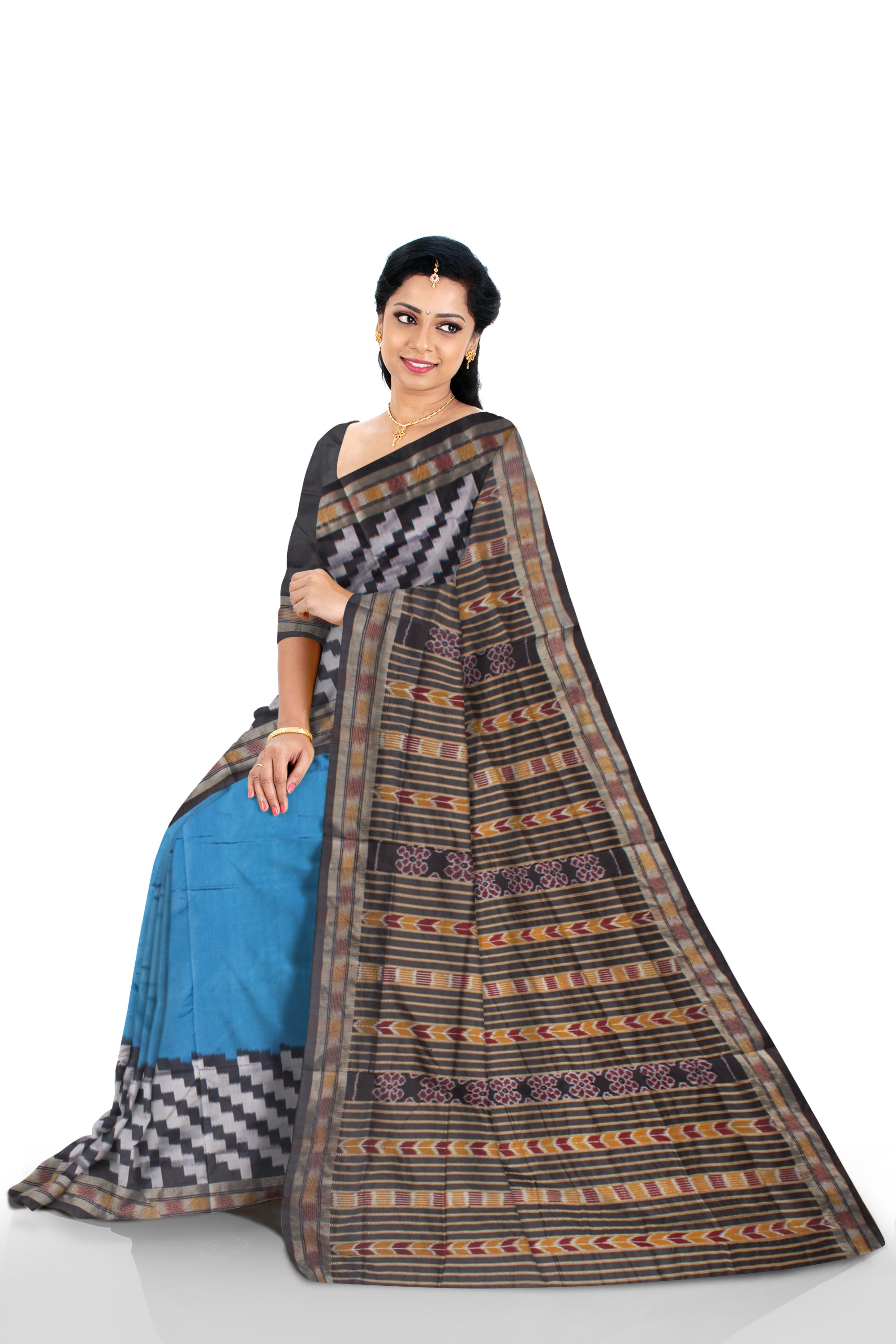 LATEST COLLECTION SKY AND BLACK COLOR PATA SAREE, WITH MATCHING BLOUSE PIECE. - Koshali Arts & Crafts Enterprise