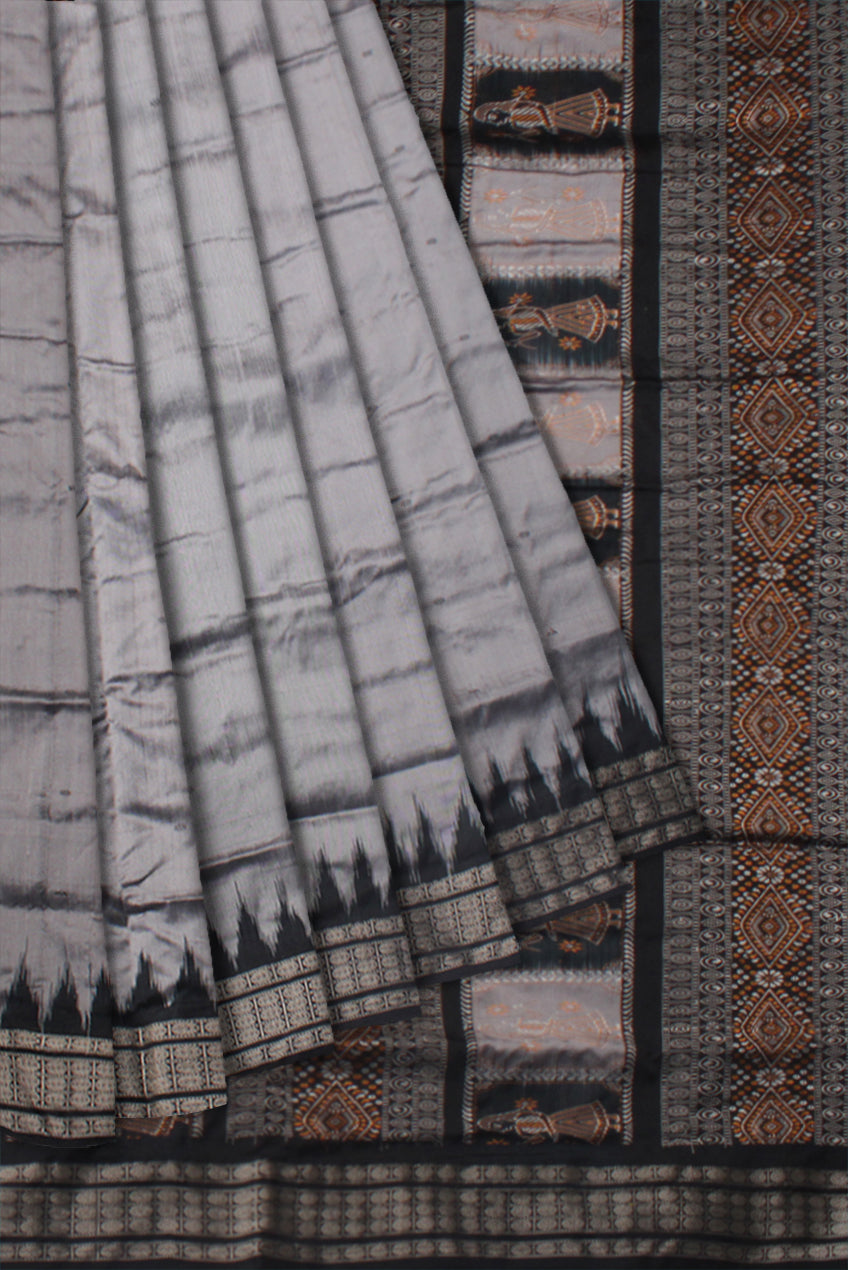 SILVER AND BLACK COLOR PALLU DOLL PRINT PATLI PATA SAREE, WITH MATCHING BLOUSE PIECE. - Koshali Arts & Crafts Enterprise