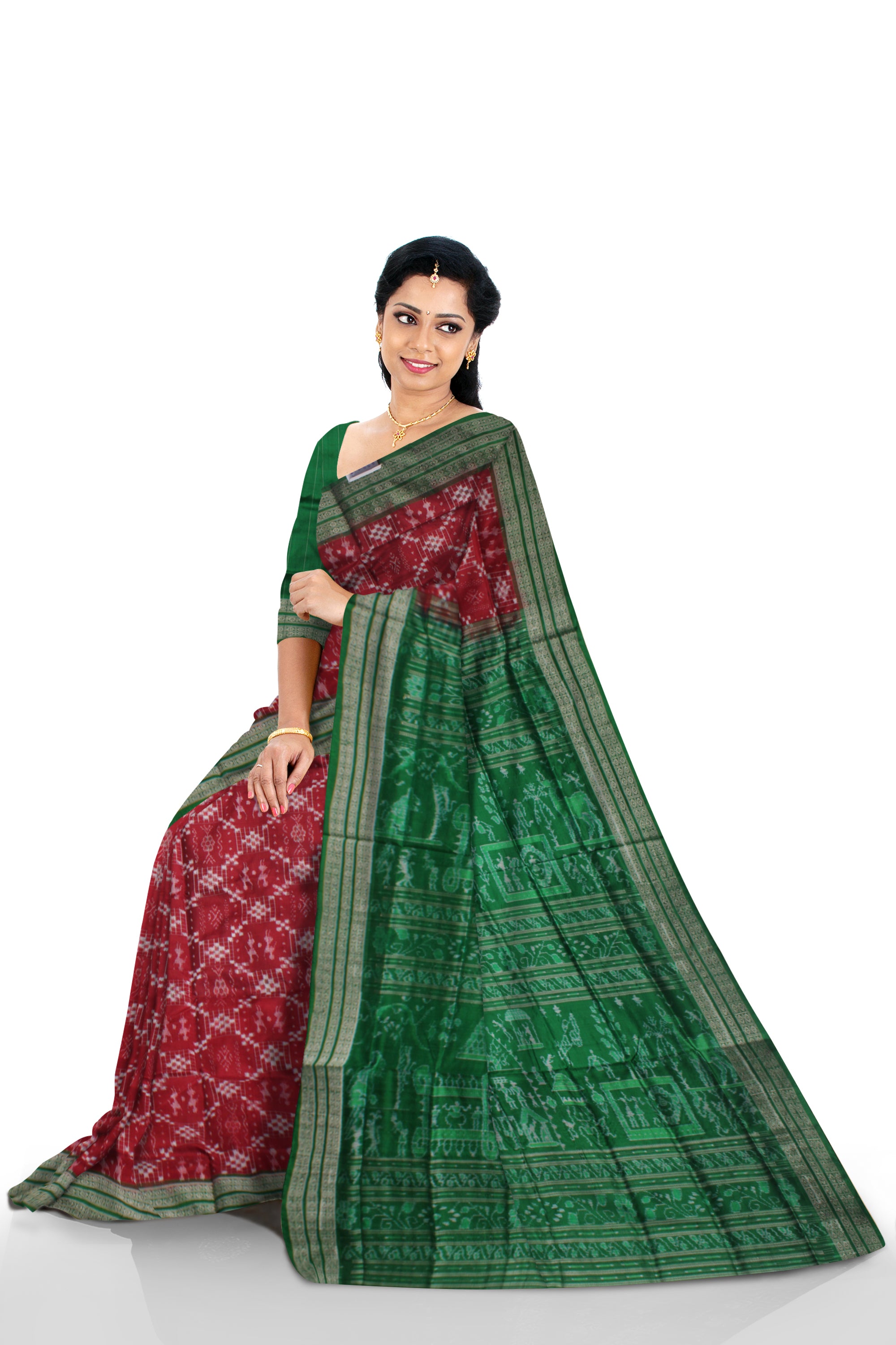 TERRACOTTA WITH PASAPALI PATTERN PURE SILK SAREE IS MAROON AND GREEN COLOR BASE,ATTACHED WITH MATCHING BLOUSE PIECE. - Koshali Arts & Crafts Enterprise