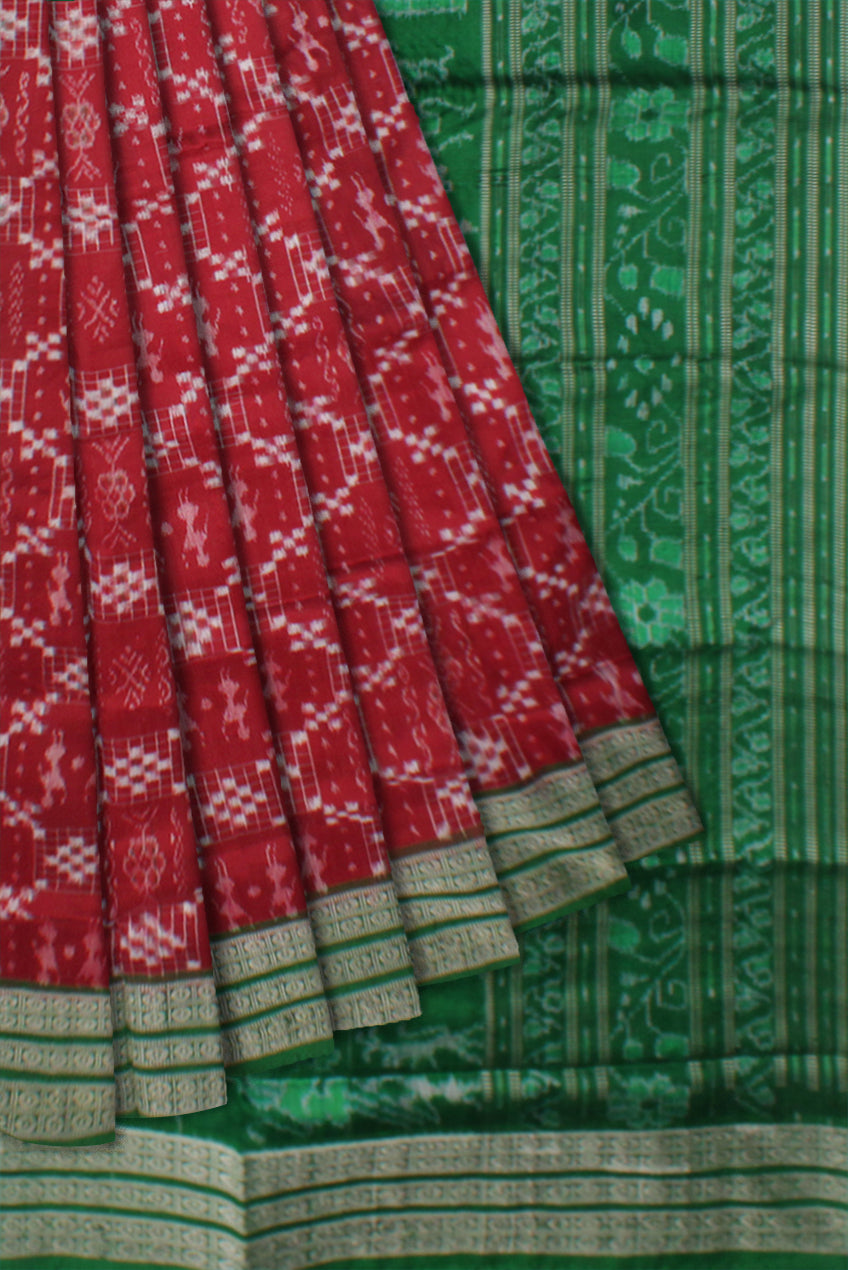 TERRACOTTA WITH PASAPALI PATTERN PURE SILK SAREE IS MAROON AND GREEN COLOR BASE,ATTACHED WITH MATCHING BLOUSE PIECE. - Koshali Arts & Crafts Enterprise