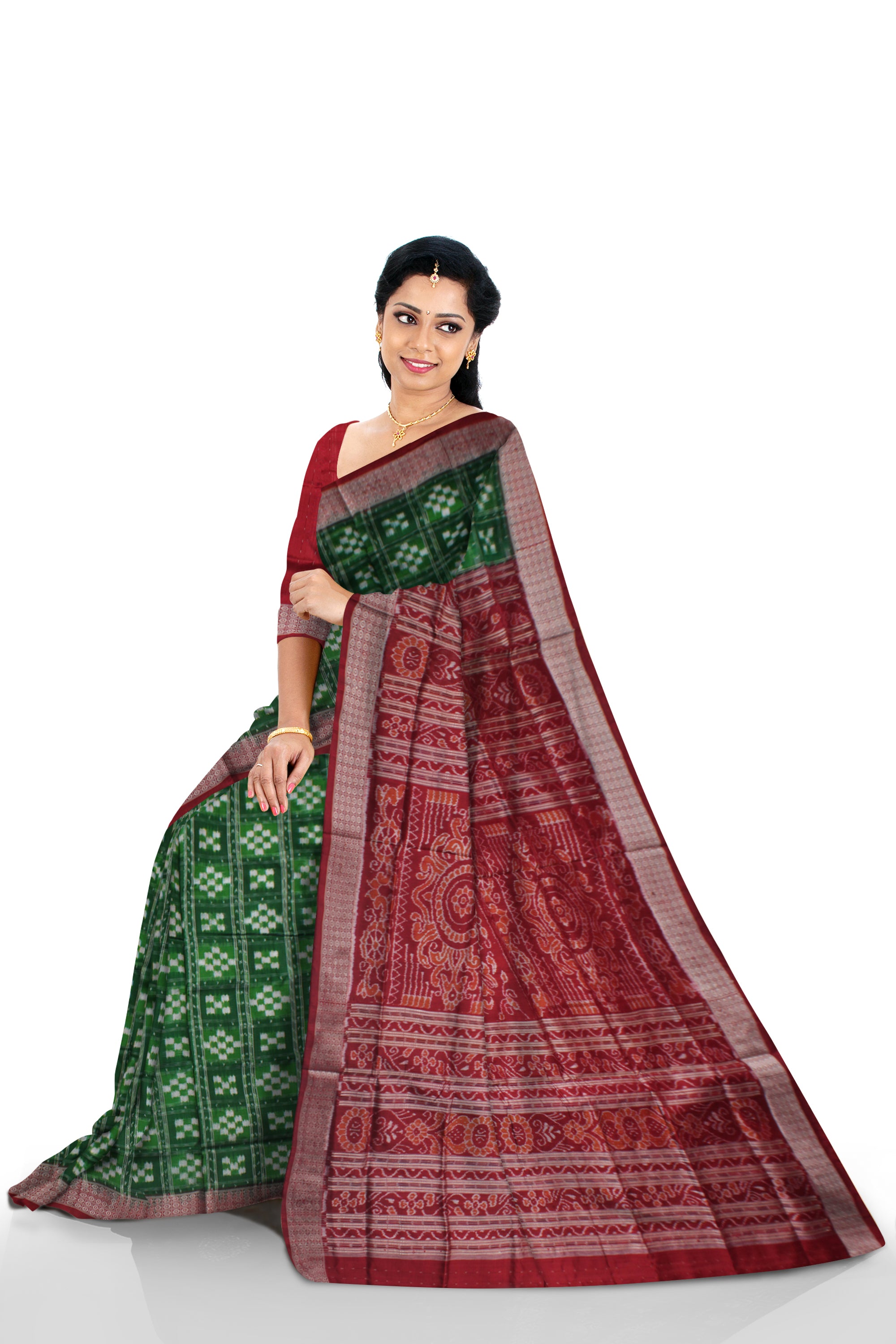 FULL BODY SMALL  PASAPALI PATTERN PURE SILK SAREE IS GREEN AND MAROON COLOR BASE,ATTACHED WITH MATCHING BLOUSE PIECE. - Koshali Arts & Crafts Enterprise