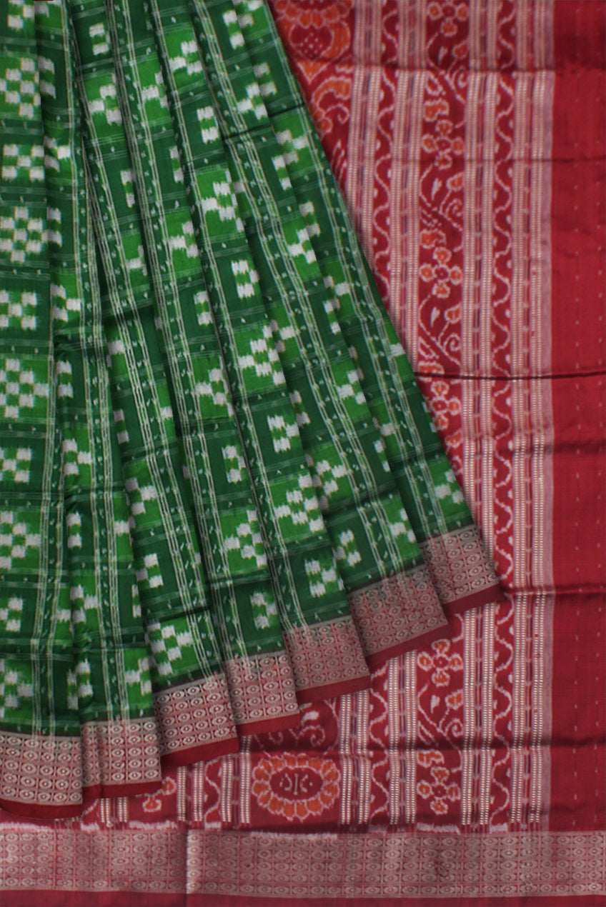 FULL BODY SMALL  PASAPALI PATTERN PURE SILK SAREE IS GREEN AND MAROON COLOR BASE,ATTACHED WITH MATCHING BLOUSE PIECE. - Koshali Arts & Crafts Enterprise