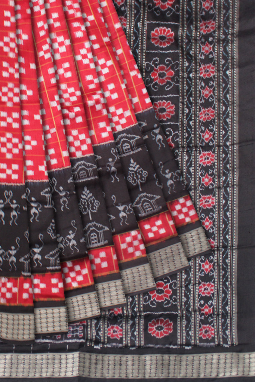 RED AND BLACK COMBINATION PURE SILK SAREE IS PASAPALI WITH TERRACOTTA PATTERN.WITH MATCHING BLOUSE PIECE. - Koshali Arts & Crafts Enterprise