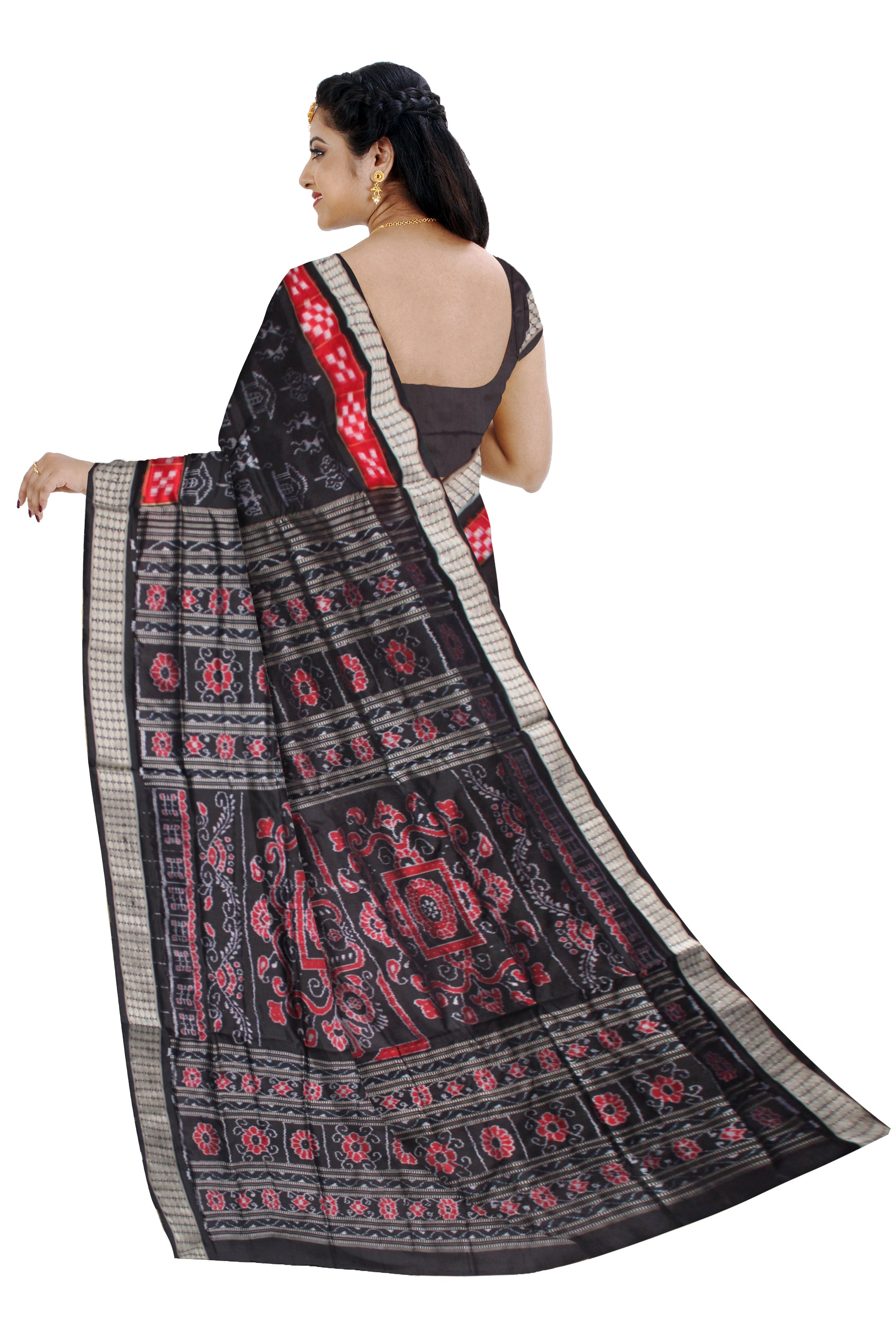 RED AND BLACK COMBINATION PURE SILK SAREE IS PASAPALI WITH TERRACOTTA PATTERN.WITH MATCHING BLOUSE PIECE. - Koshali Arts & Crafts Enterprise