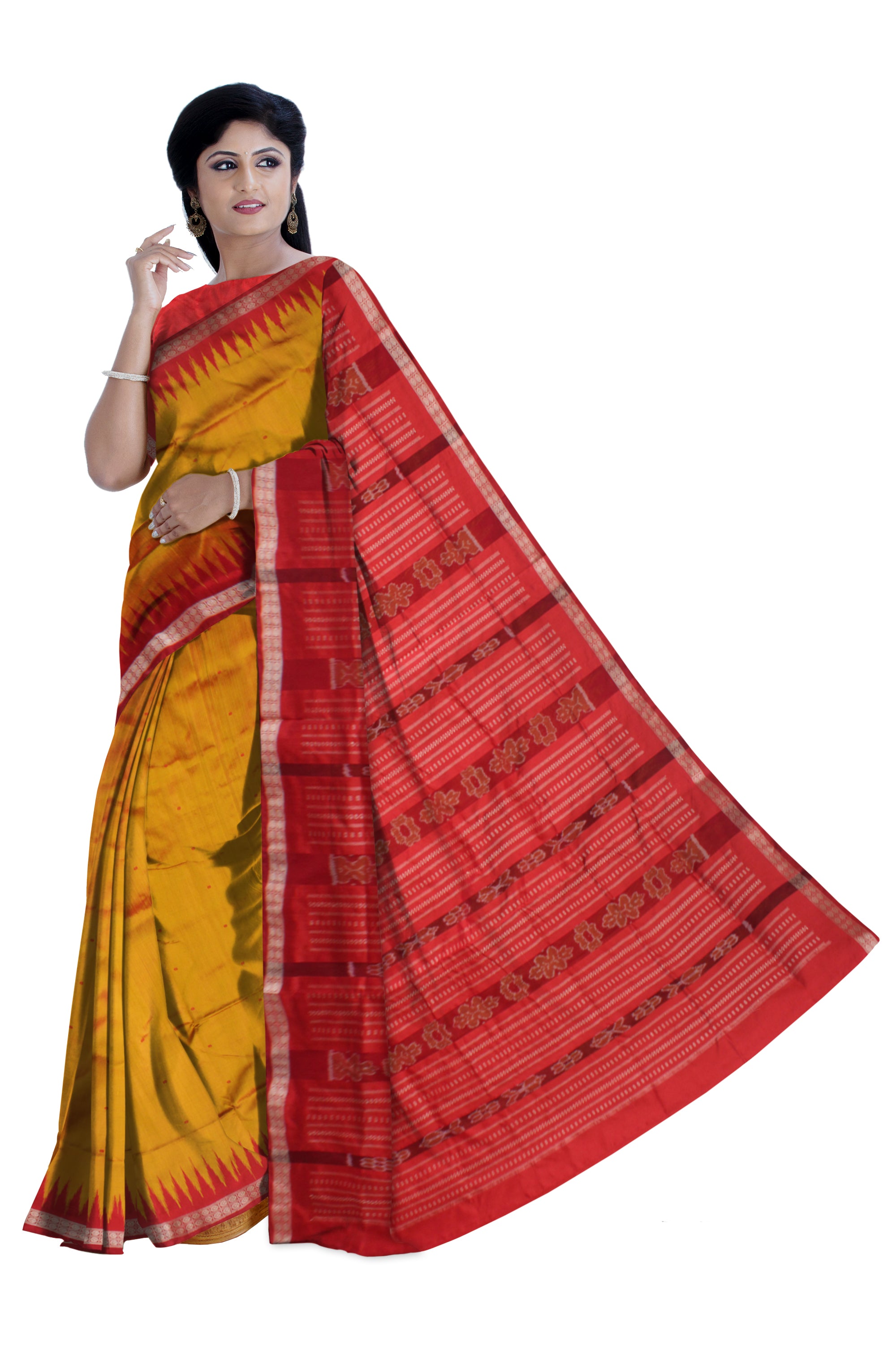 YELLOW AND RED COLOR SMALL BOOTY PATTERN PATA SAREE, WITH MATCHIG BLOUSE PIECE. - Koshali Arts & Crafts Enterprise