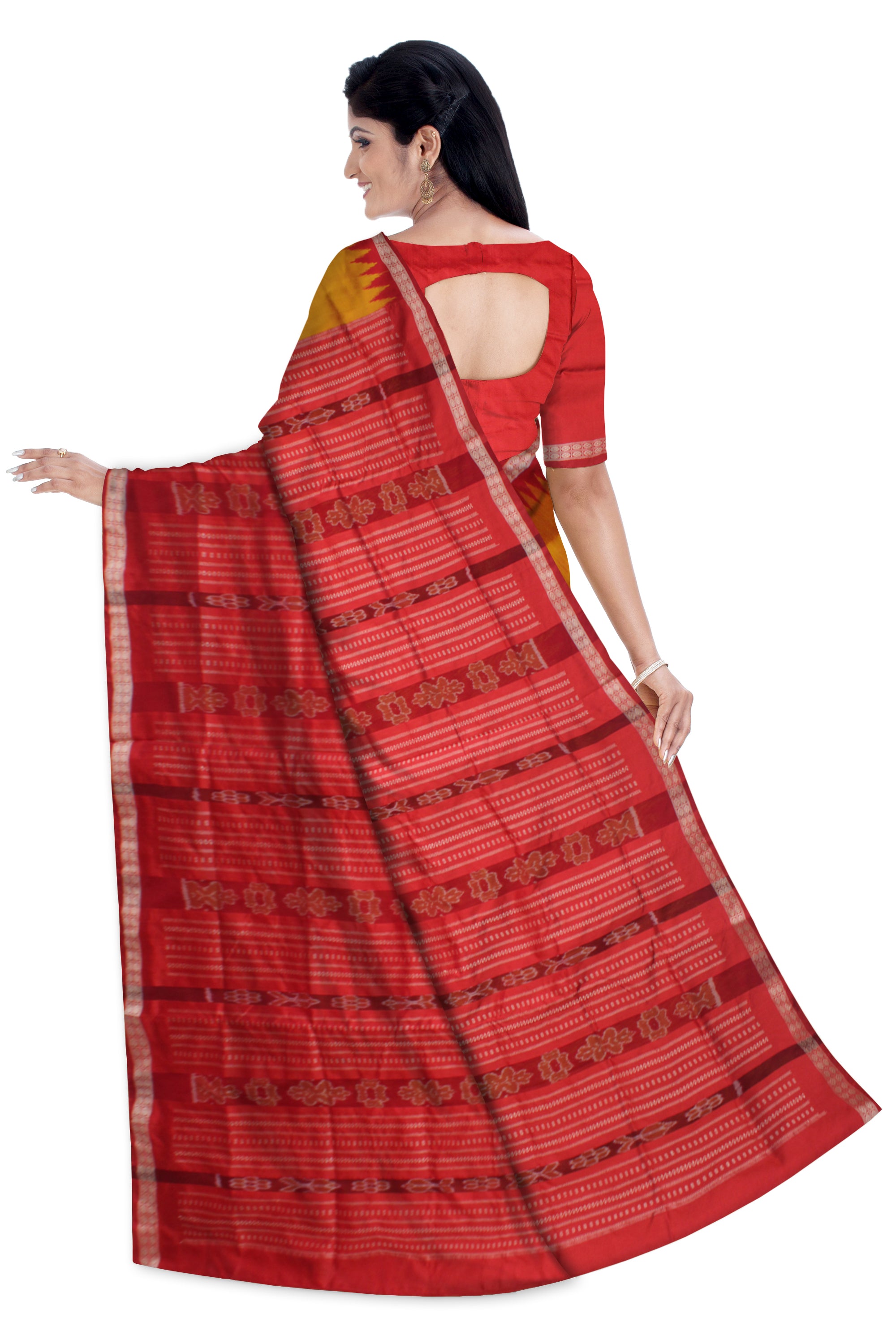 YELLOW AND RED COLOR SMALL BOOTY PATTERN PATA SAREE, WITH MATCHIG BLOUSE PIECE. - Koshali Arts & Crafts Enterprise