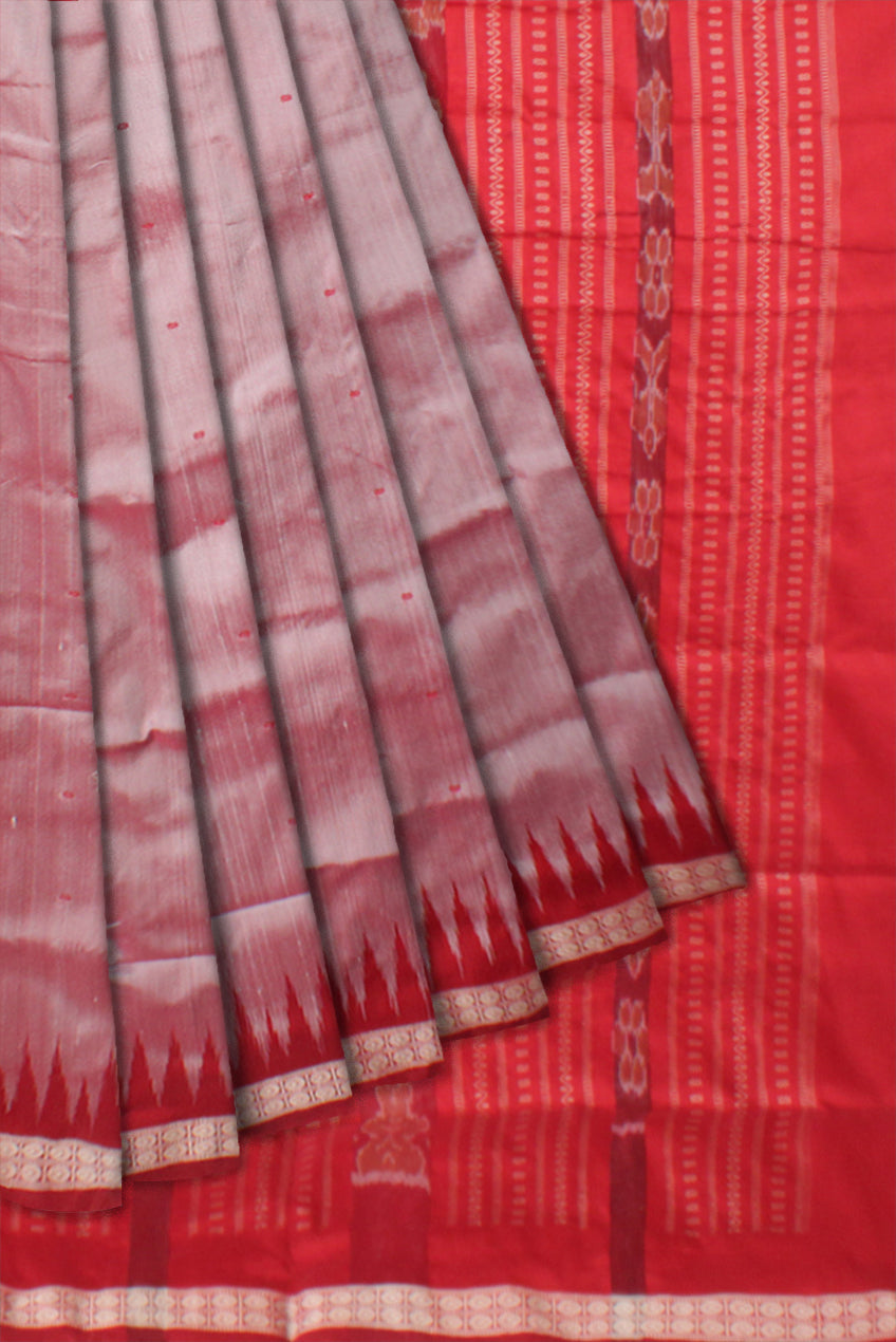 SMALL BORDER PLAIN PATA SAREE IS SILVER AND RED COLOR BASE,COMES WITH MATCHING BLOUSE PIECE. - Koshali Arts & Crafts Enterprise