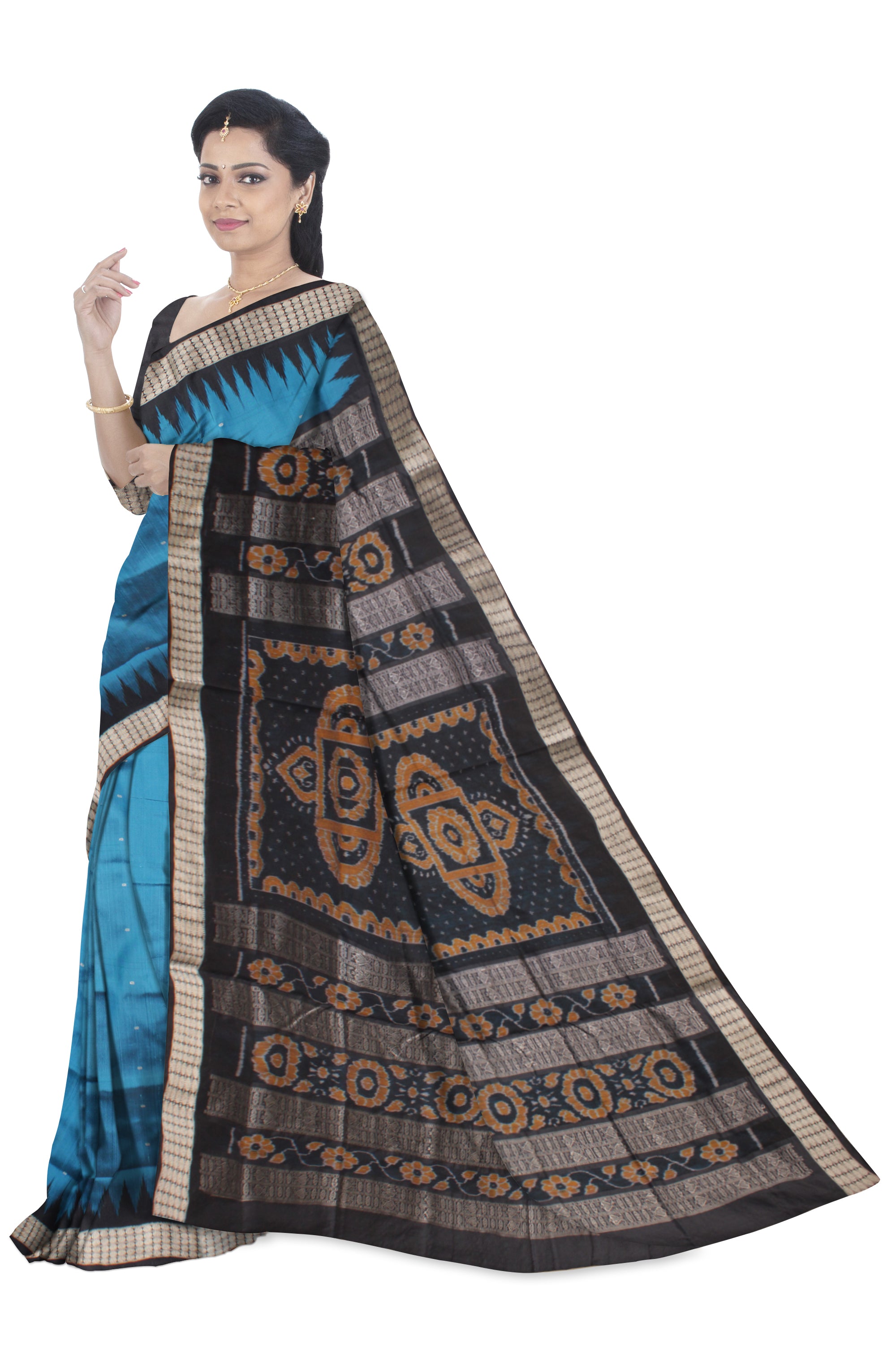 SKY AND BLACK COLOR SMALL BOOTY PATTERN PATA SAREE,WITH MATCHING BLOUSE PIECE. - Koshali Arts & Crafts Enterprise