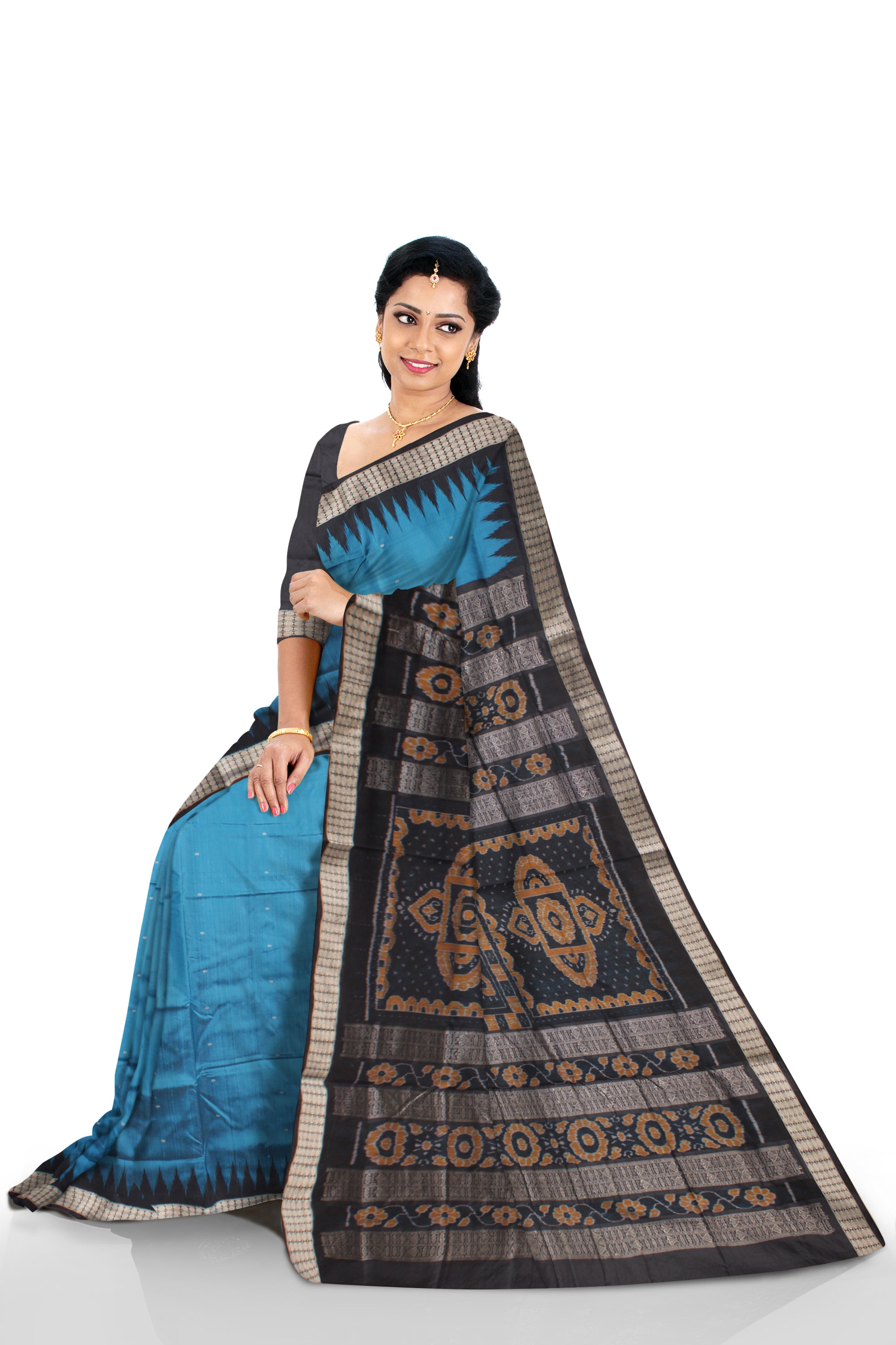 SKY AND BLACK COLOR SMALL BOOTY PATTERN PATA SAREE,WITH MATCHING BLOUSE PIECE. - Koshali Arts & Crafts Enterprise