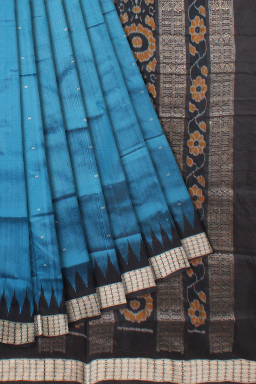 SKY AND BLACK COLOR SMALL BOOTY PATTERN PATA SAREE,WITH MATCHING BLOUSE PIECE. - Koshali Arts & Crafts Enterprise