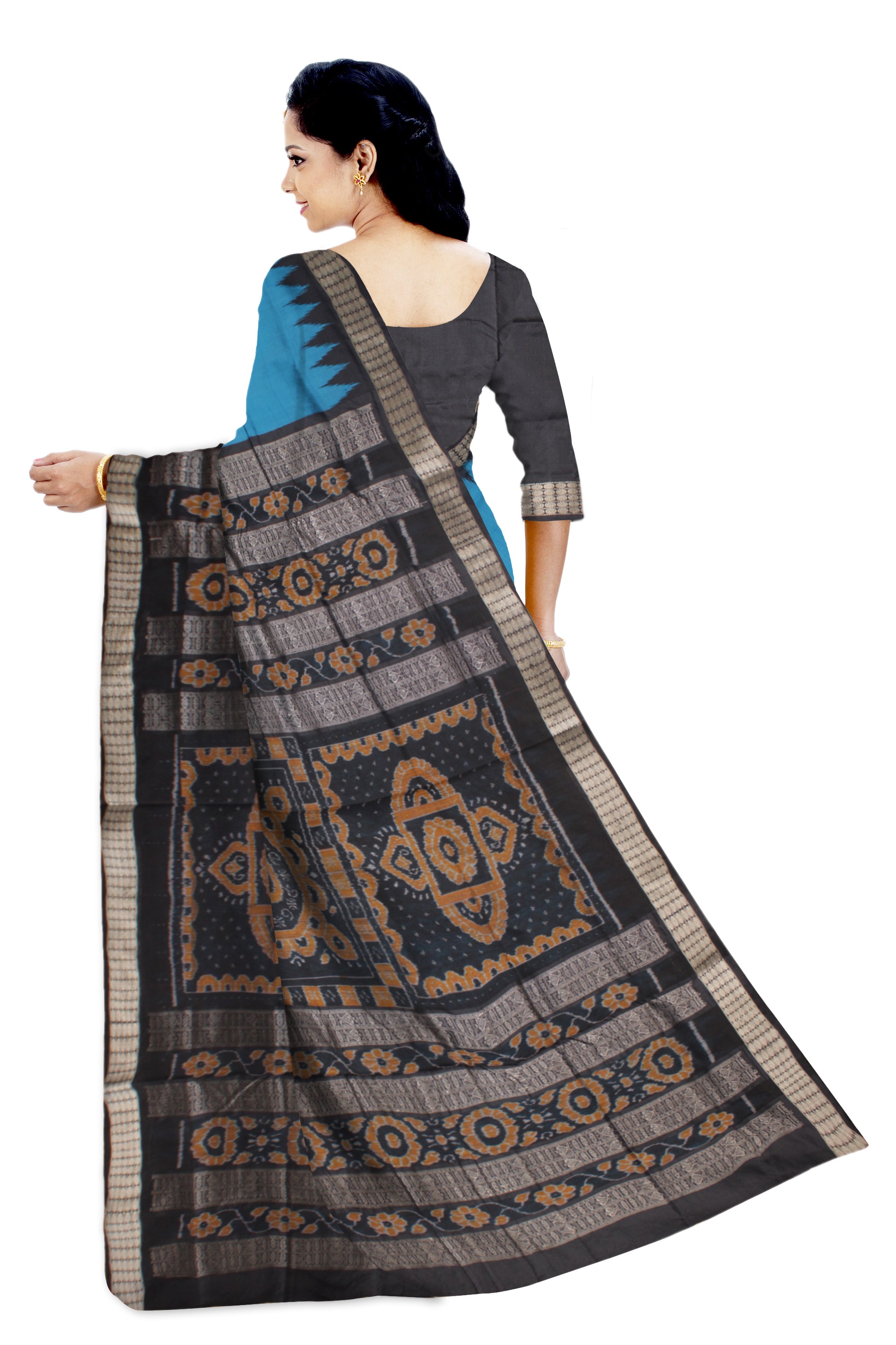 SKY AND BLACK COLOR SMALL BOOTY PATTERN PATA SAREE,WITH MATCHING BLOUSE PIECE. - Koshali Arts & Crafts Enterprise