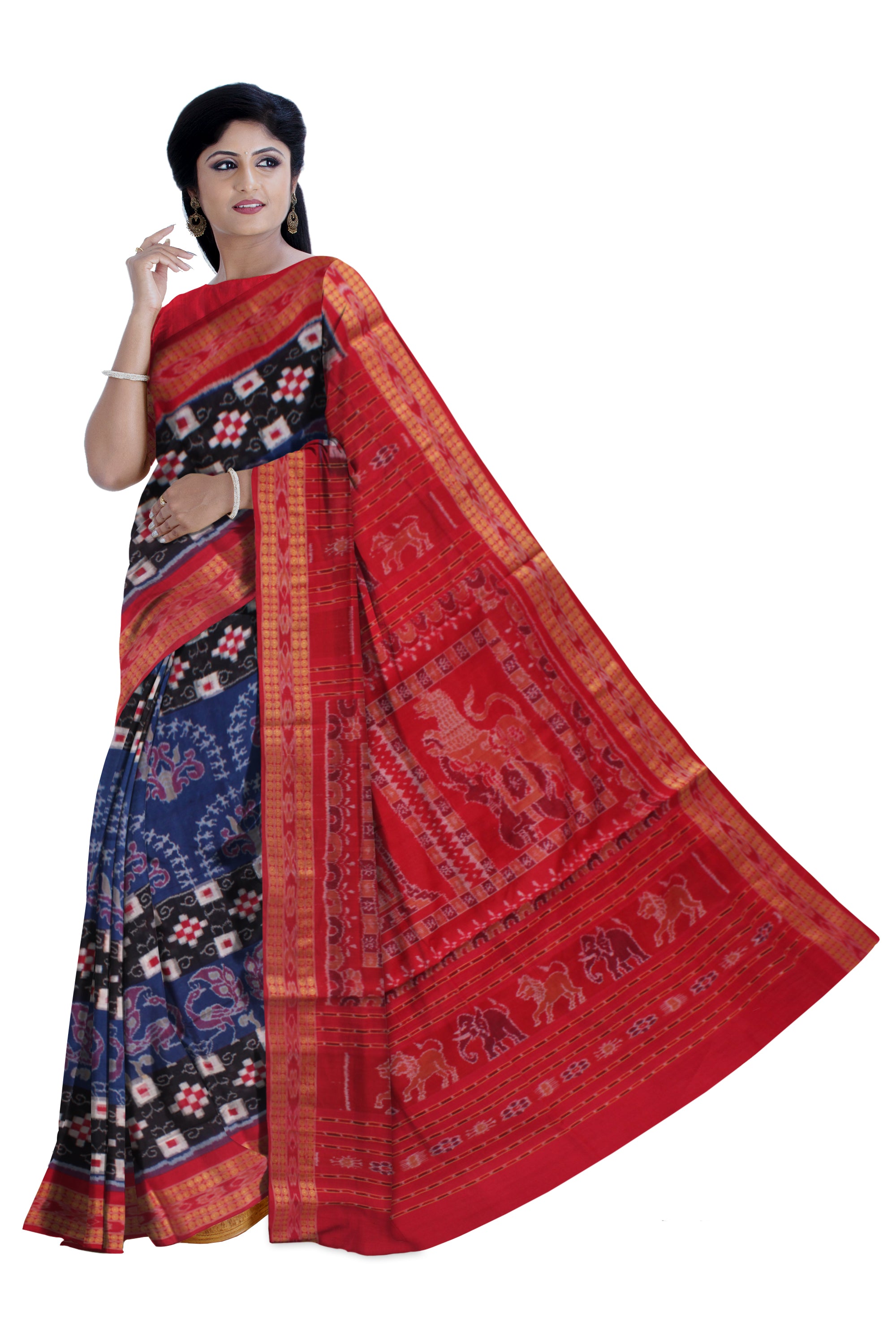 PEACOCK, TERRACOTTA AND PASAPALI PATTERN PURE COTTON SAREE IS SAPPHIRE BLUE,BLACK AND RED COLOR BASE.AVAILABLE WITH MATCHING BLOUSE PIECE. - Koshali Arts & Crafts Enterprise