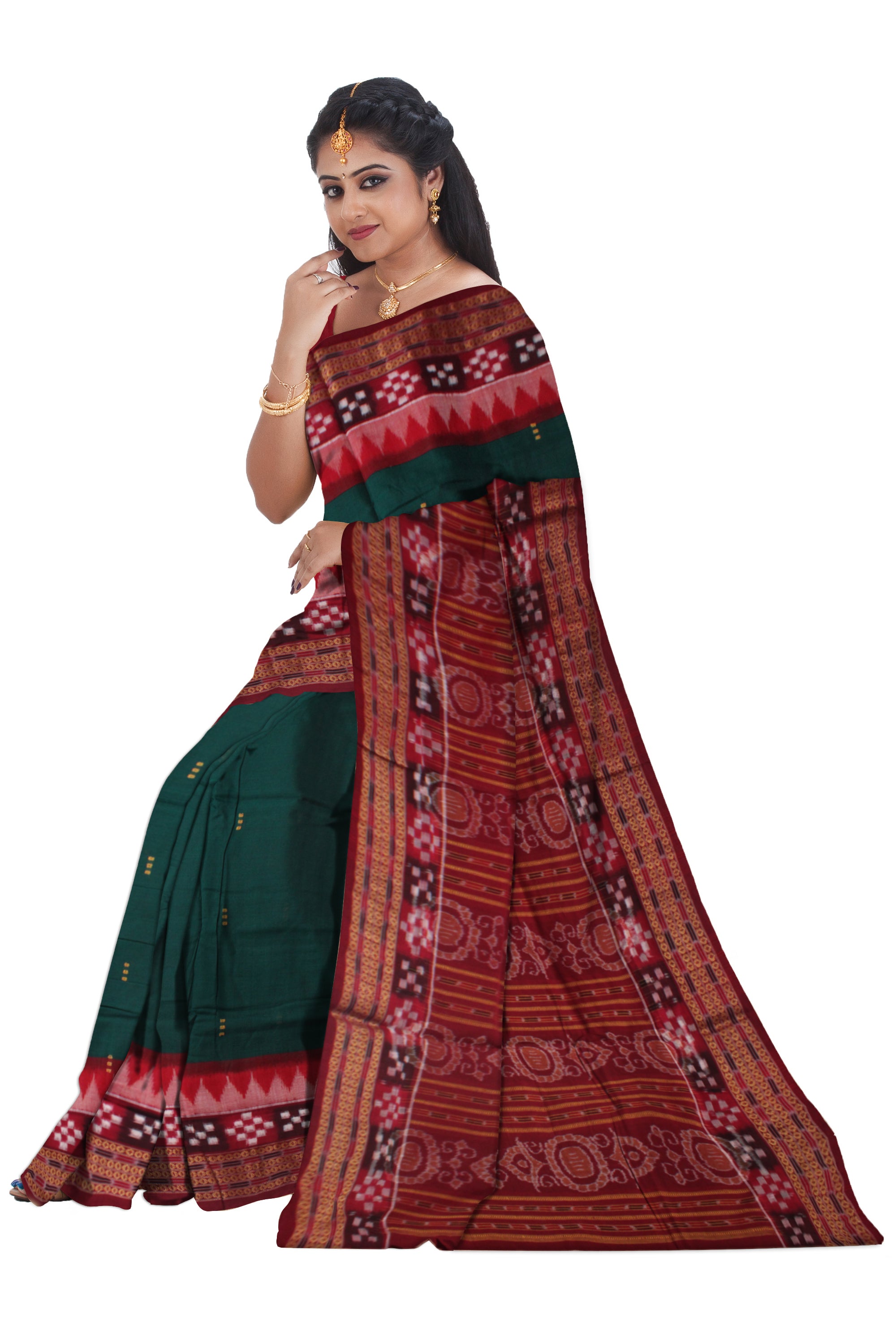 GREEN AND MAROON COLOR DHADI PASAPALI PATTERN PURE COTTON SAREE WITH MTACHING BLOUSE PIECE. - Koshali Arts & Crafts Enterprise