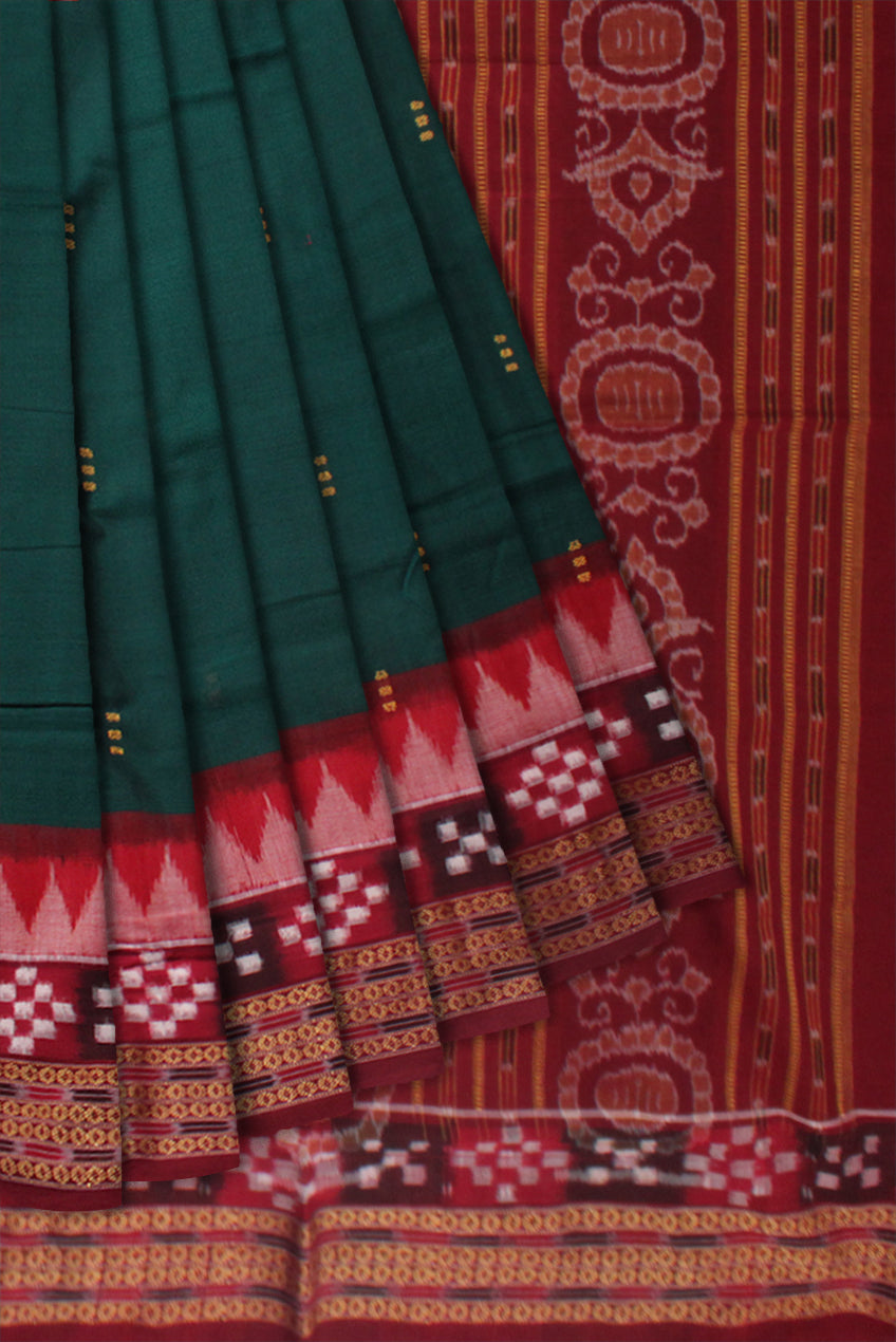 GREEN AND MAROON COLOR DHADI PASAPALI PATTERN PURE COTTON SAREE WITH MTACHING BLOUSE PIECE. - Koshali Arts & Crafts Enterprise