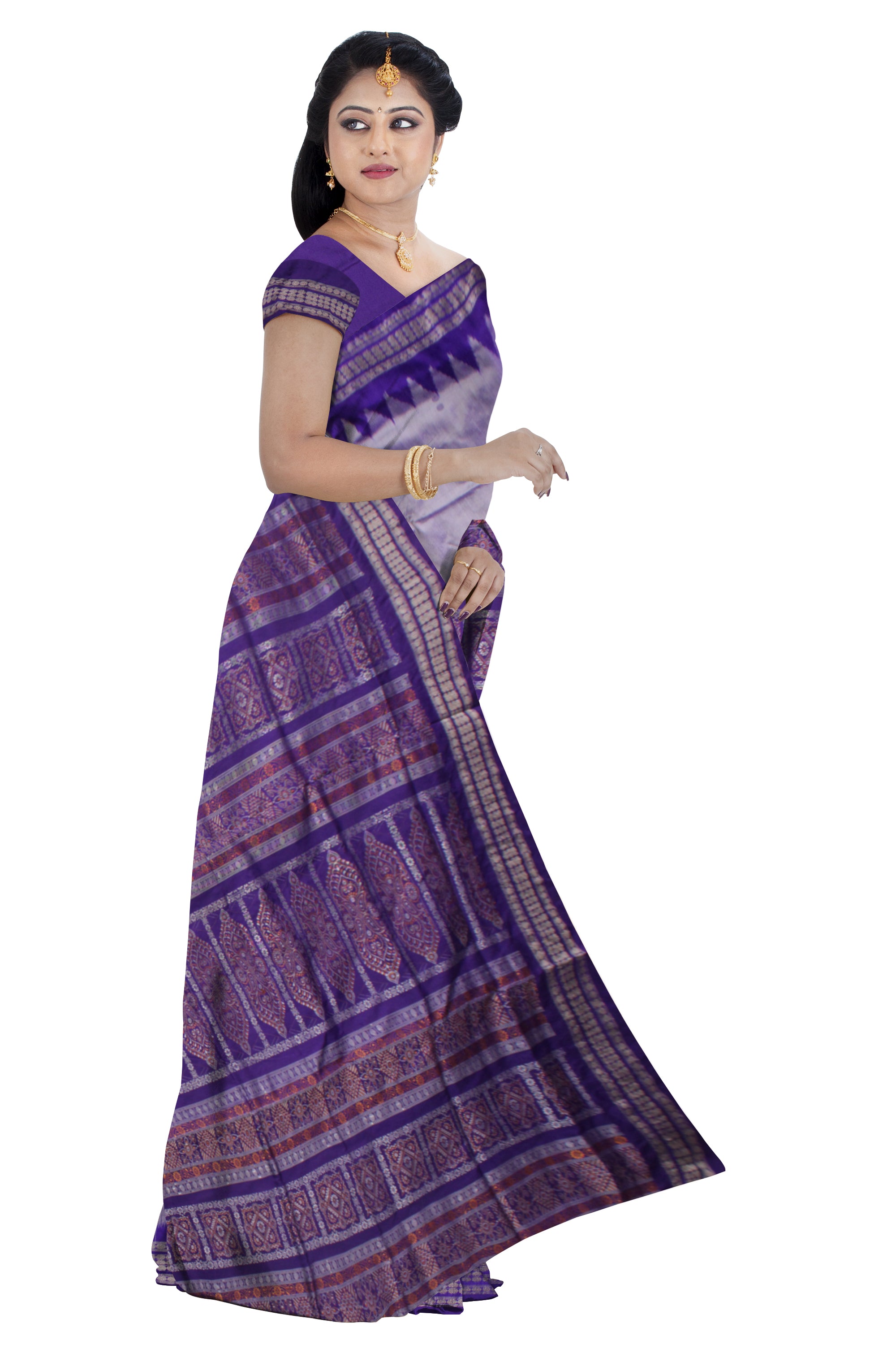 SILVER AND PURPLE COLOR IKAT PATTERN PATA SAREE, COMES WITH MATCHING BLOUSE PIECE. - Koshali Arts & Crafts Enterprise
