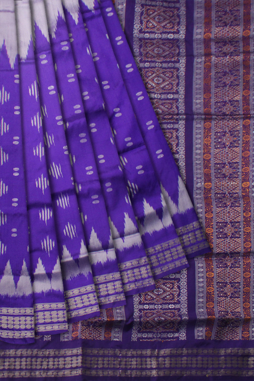 SILVER AND PURPLE COLOR IKAT PATTERN PATA SAREE, COMES WITH MATCHING BLOUSE PIECE. - Koshali Arts & Crafts Enterprise