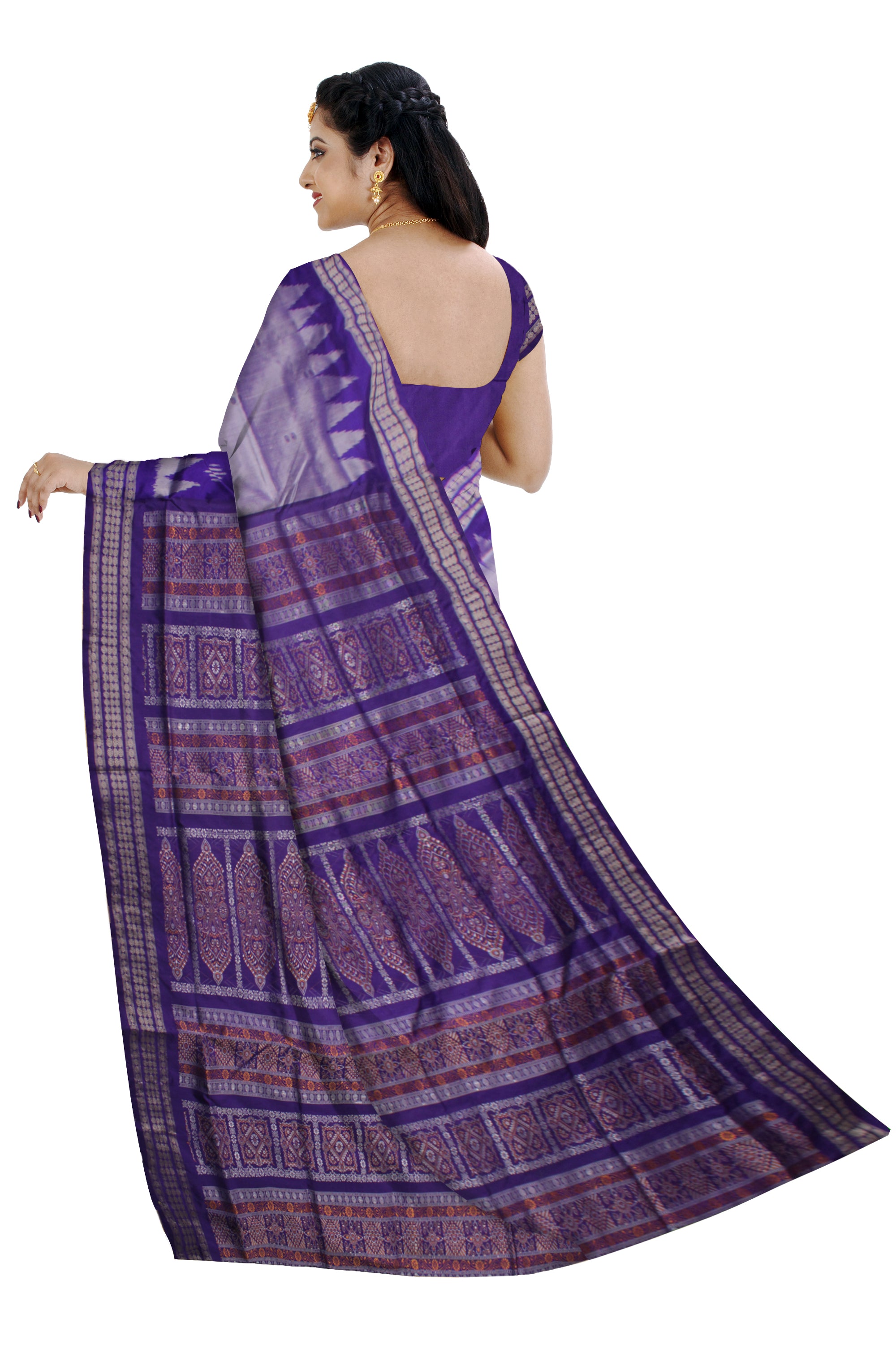 SILVER AND PURPLE COLOR IKAT PATTERN PATA SAREE, COMES WITH MATCHING BLOUSE PIECE. - Koshali Arts & Crafts Enterprise