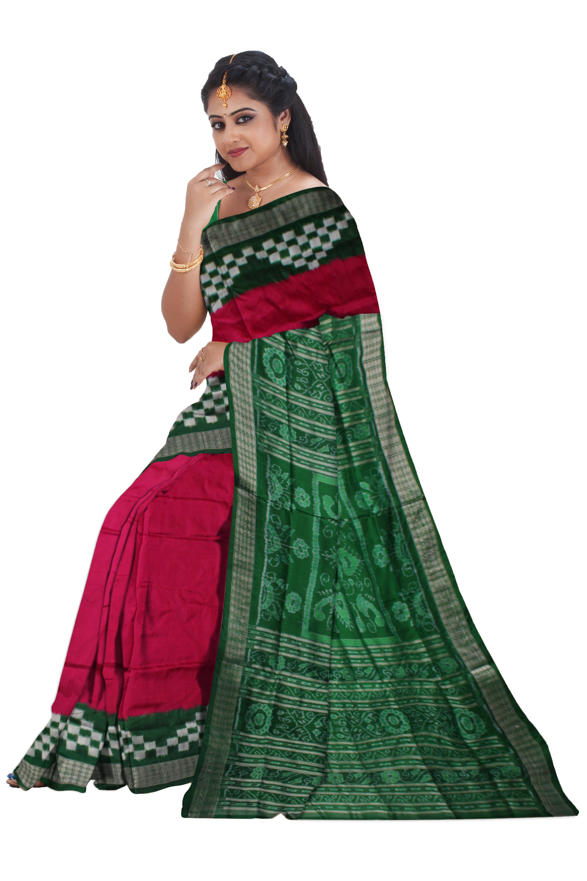 LATEST DHADI PASAPALI PATTERN PURE SILK SAREE IS  RANI-PINK AND GREEN COLOR BASE,ATTACHED WITH MATCHING BLOUSE PIECE. - Koshali Arts & Crafts Enterprise