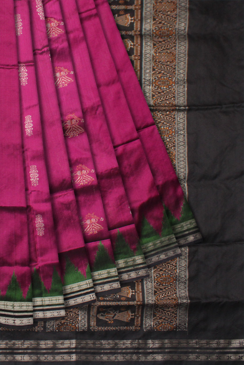 PALLU WITH WHOLE BODY DOLL PRINT PATTERN PATA SAREE IS PINK ,GREEN AND BLACK COLOR BASE,WITH MATCHING BLOUSE PIECE. - Koshali Arts & Crafts Enterprise