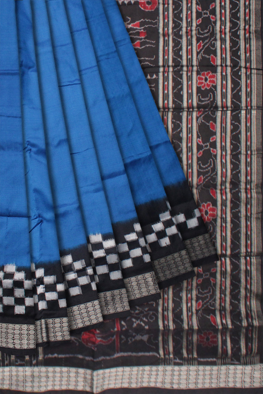 TRAIDITIONAL TERRACOTTA PATTERN PALLU WITH BORDER PASAPALI PATTERN PURE SILK SAREE IS BLUE AND BLACK COLOR BASE,WITH BLOUSE PIECE. - Koshali Arts & Crafts Enterprise