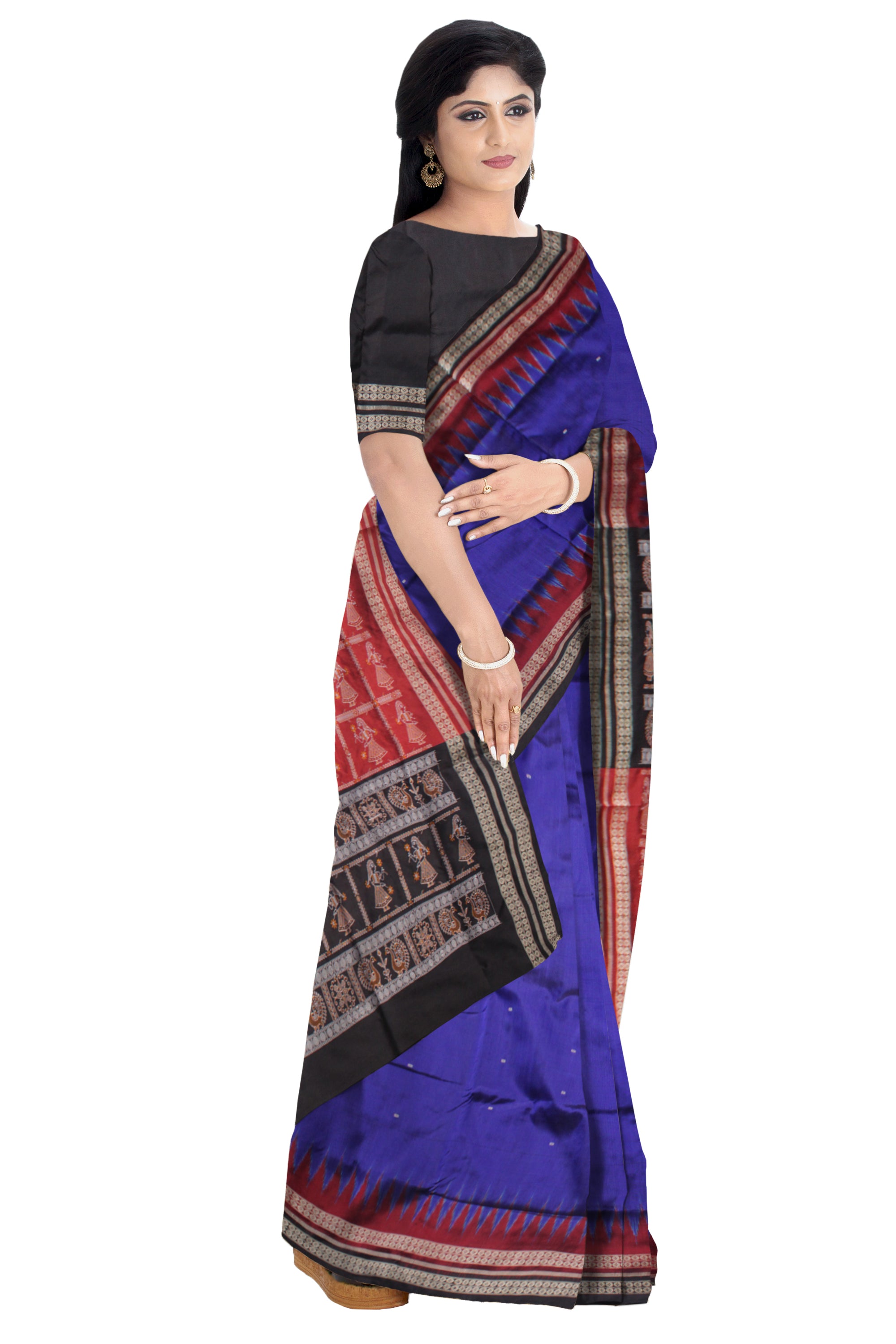 BLUE,MAROON AND BLACK COLOR BASE BODY PLAIN WITH PALLU DOLL PRINT PATTERN PATA SAREE, WITH MATCHING BLOUSE PIECE. - Koshali Arts & Crafts Enterprise