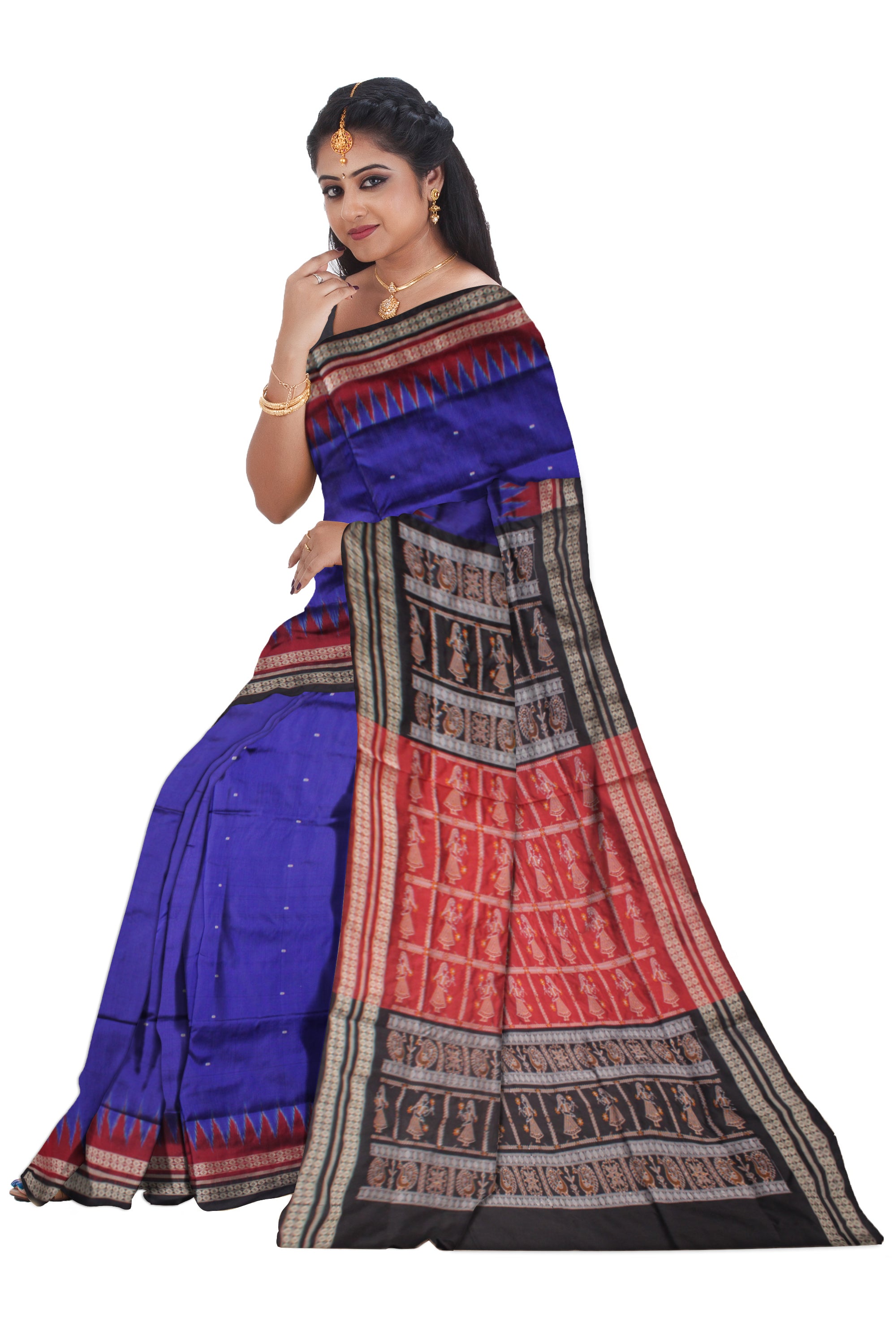 BLUE,MAROON AND BLACK COLOR BASE BODY PLAIN WITH PALLU DOLL PRINT PATTERN PATA SAREE, WITH MATCHING BLOUSE PIECE. - Koshali Arts & Crafts Enterprise