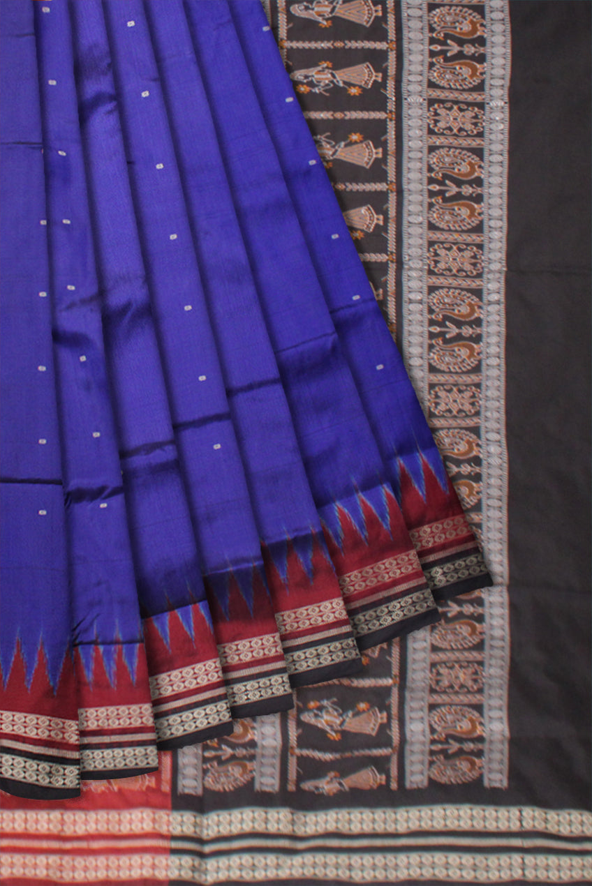 BLUE,MAROON AND BLACK COLOR BASE BODY PLAIN WITH PALLU DOLL PRINT PATTERN PATA SAREE, WITH MATCHING BLOUSE PIECE. - Koshali Arts & Crafts Enterprise