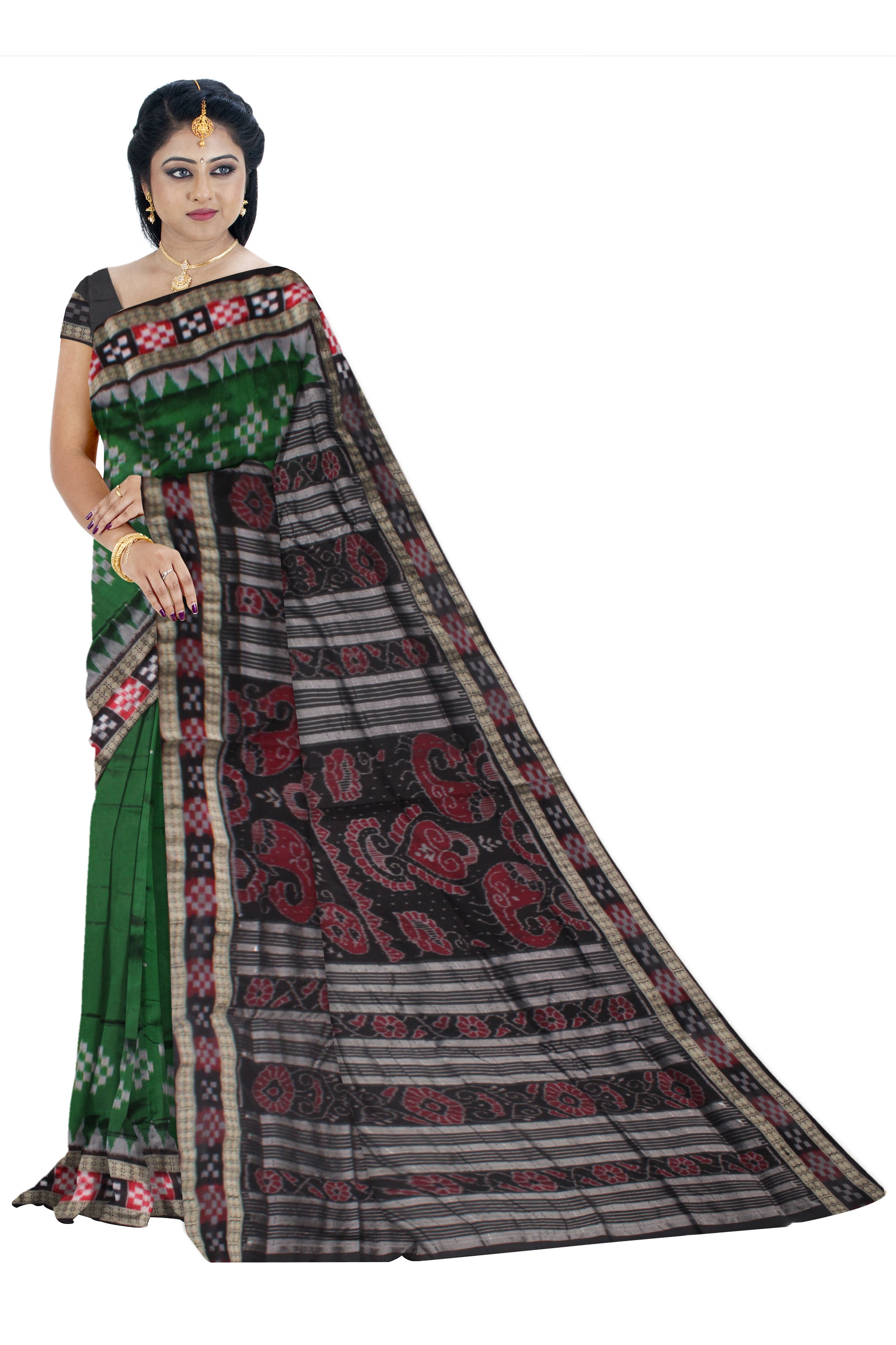 GREEN AND BLACK COLOR DHADI SAPTA PATTERN PATA SAREE,COMES WITH MATCHING BLOUSE PIECE. - Koshali Arts & Crafts Enterprise