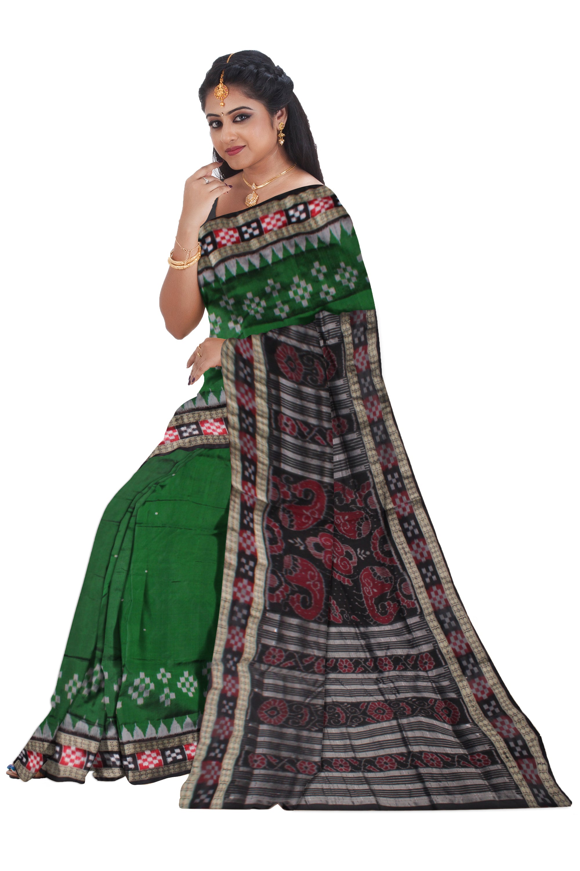 GREEN AND BLACK COLOR DHADI SAPTA PATTERN PATA SAREE,COMES WITH MATCHING BLOUSE PIECE. - Koshali Arts & Crafts Enterprise