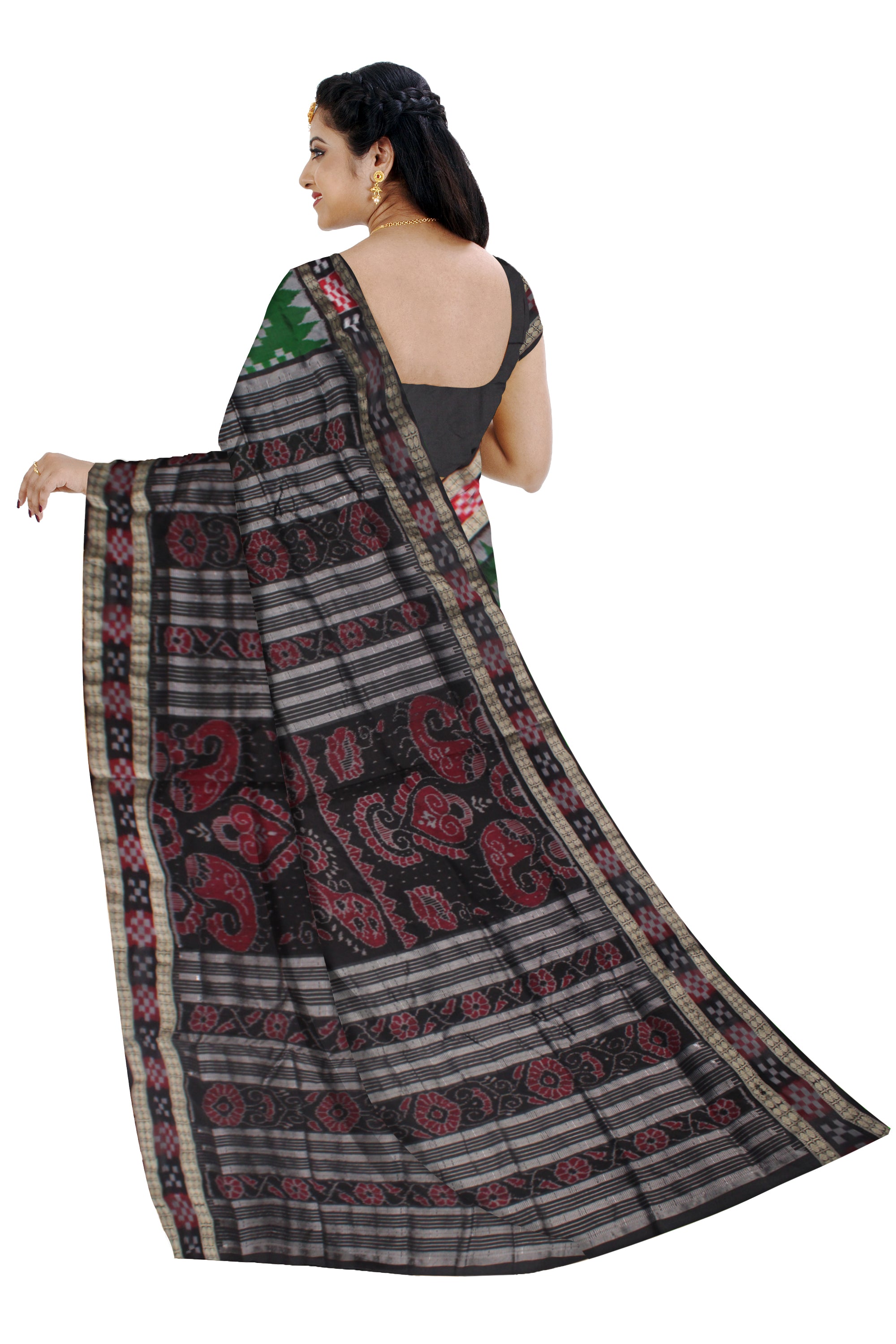 GREEN AND BLACK COLOR DHADI SAPTA PATTERN PATA SAREE,COMES WITH MATCHING BLOUSE PIECE. - Koshali Arts & Crafts Enterprise