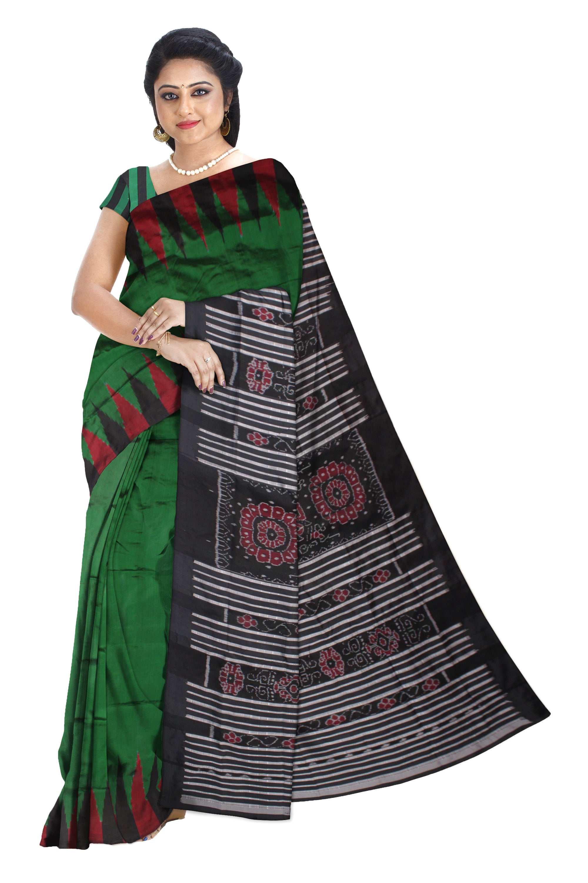 DARK GREEN AND BLACK COLOR BASE PATLI DESIGN KARGIL PATA SAREE,WITH MATCHING BLOUSE PIECE. - Koshali Arts & Crafts Enterprise