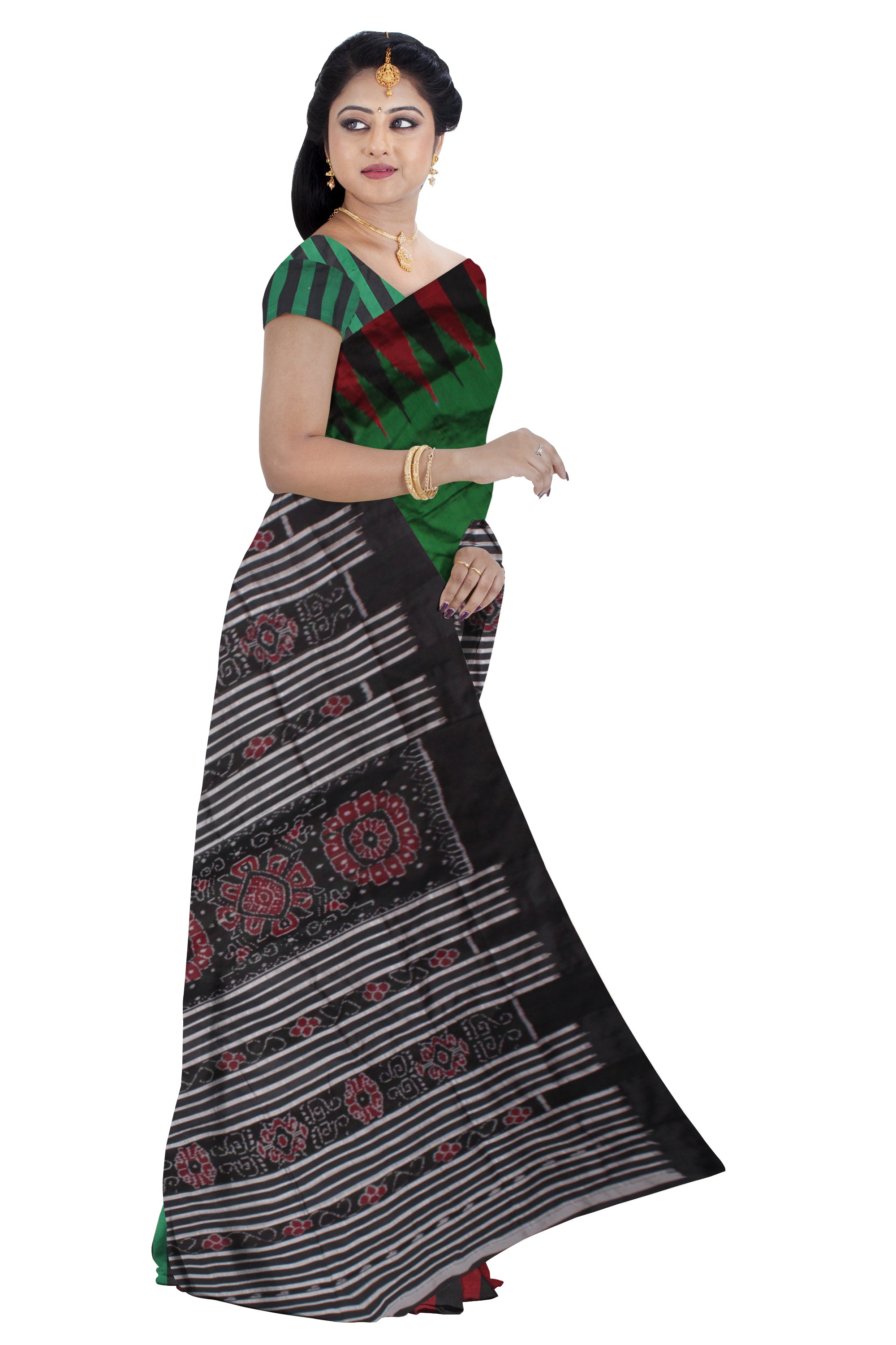 DARK GREEN AND BLACK COLOR BASE PATLI DESIGN KARGIL PATA SAREE,WITH MATCHING BLOUSE PIECE. - Koshali Arts & Crafts Enterprise