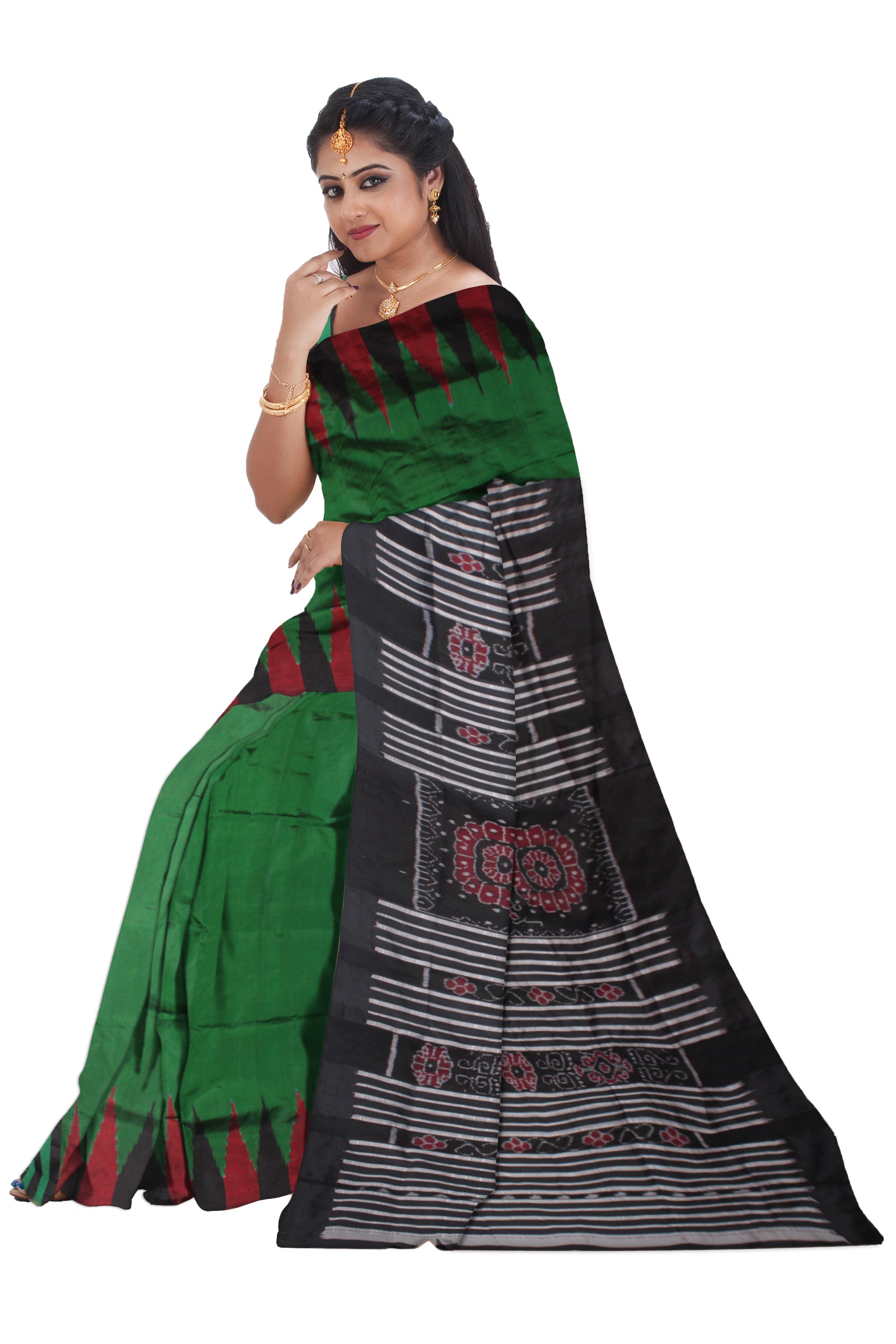 DARK GREEN AND BLACK COLOR BASE PATLI DESIGN KARGIL PATA SAREE,WITH MATCHING BLOUSE PIECE. - Koshali Arts & Crafts Enterprise