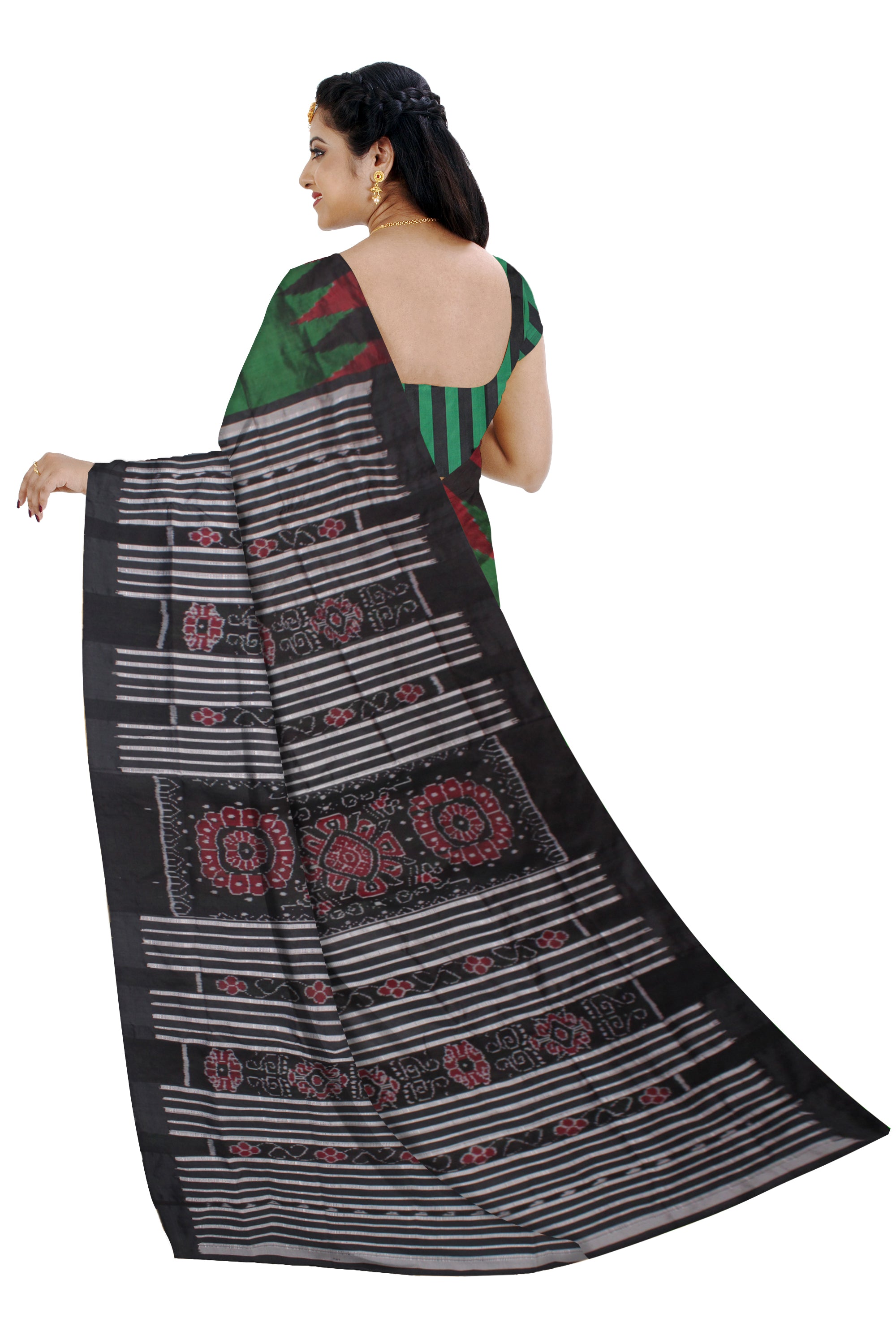 DARK GREEN AND BLACK COLOR BASE PATLI DESIGN KARGIL PATA SAREE,WITH MATCHING BLOUSE PIECE. - Koshali Arts & Crafts Enterprise