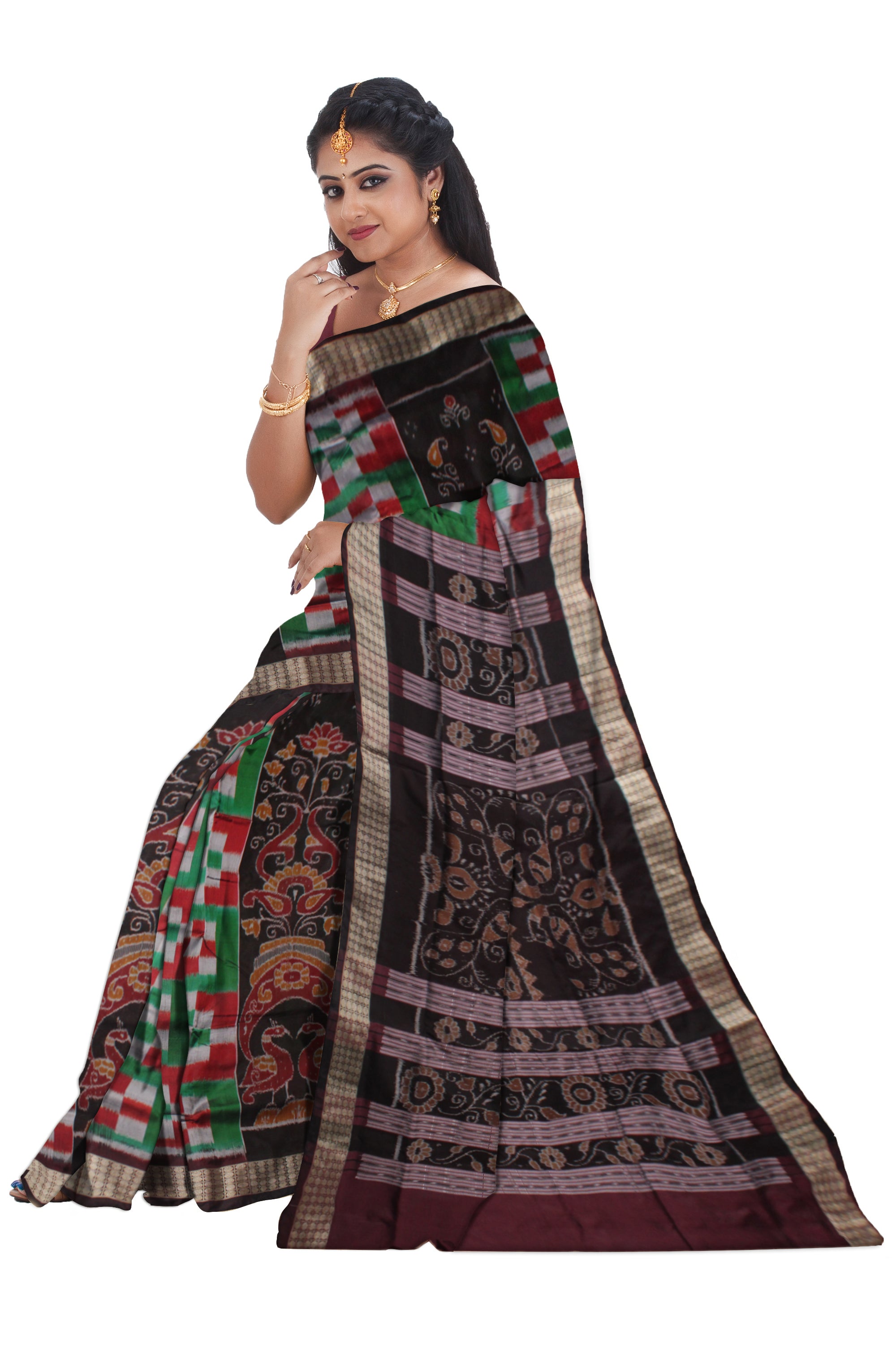 PASAPALI WITH PEACOCK PRINT BOMKEI PATA SAREE IS GREEN,MAROON AND COFFEE COLOR BASE, WITH MATCHING BLOUSE PIECE. - Koshali Arts & Crafts Enterprise