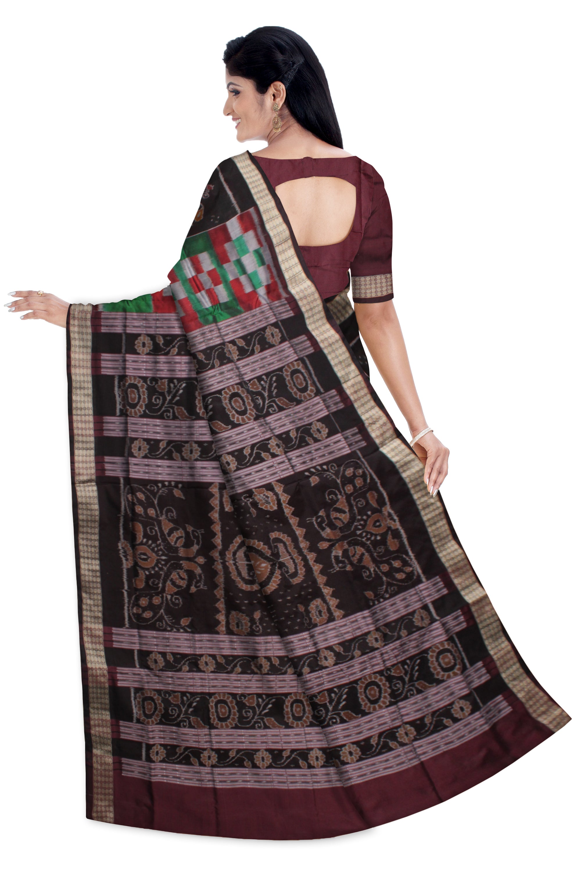 PASAPALI WITH PEACOCK PRINT BOMKEI PATA SAREE IS GREEN,MAROON AND COFFEE COLOR BASE, WITH MATCHING BLOUSE PIECE. - Koshali Arts & Crafts Enterprise